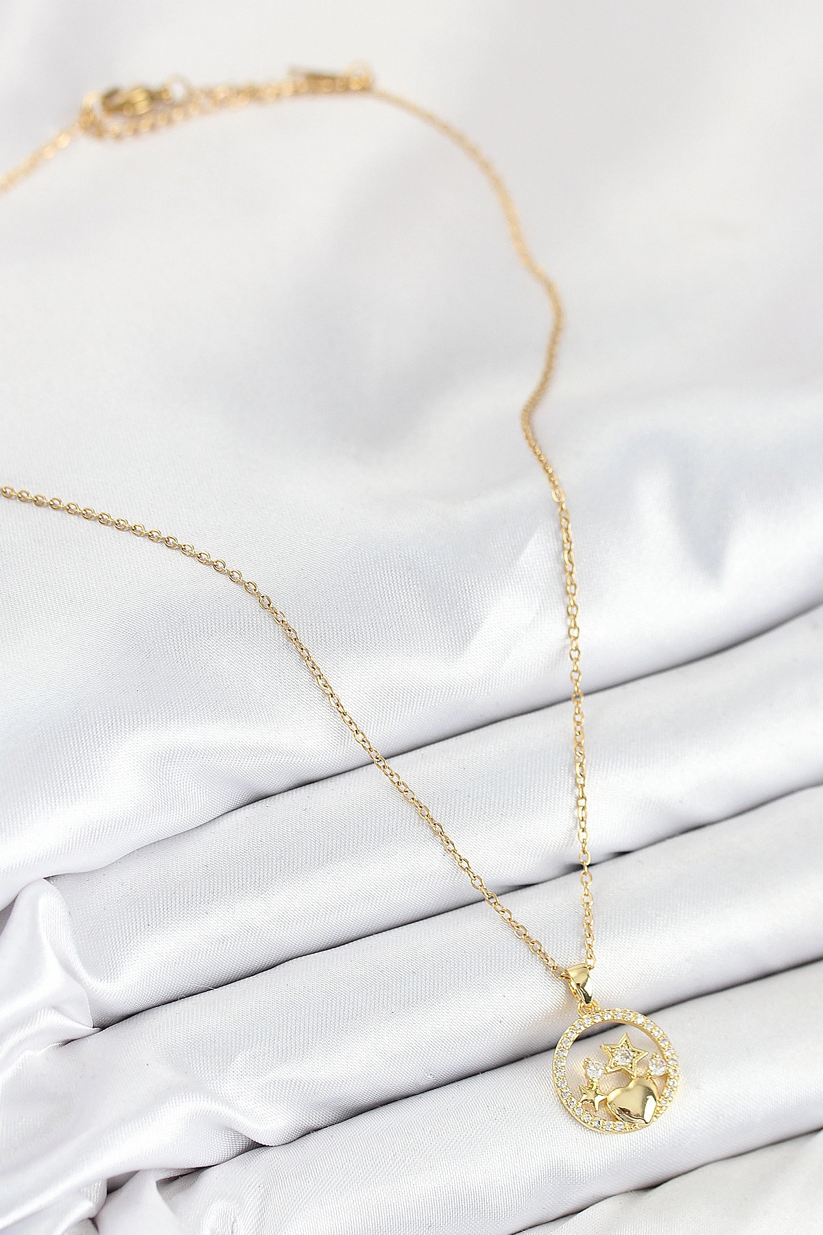 316L Çelik Zirkon Taşlı Yıldız Ve Kalp Model Gold Renk Kadın Kolye-1