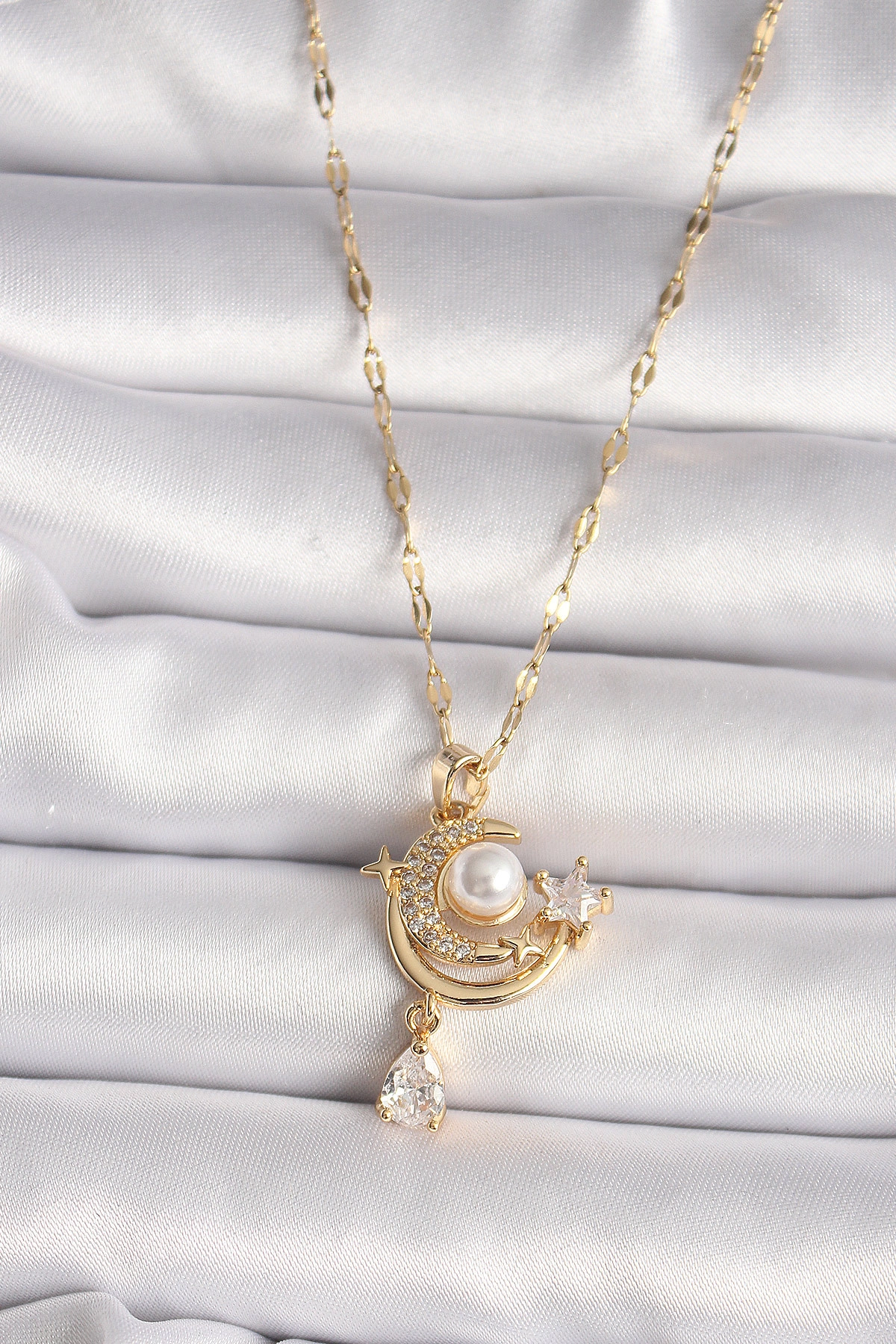 316L Gold Renk Zirkon Taşlı Ay Yıldız Model Sallantı Detay Kadın Kolye-0