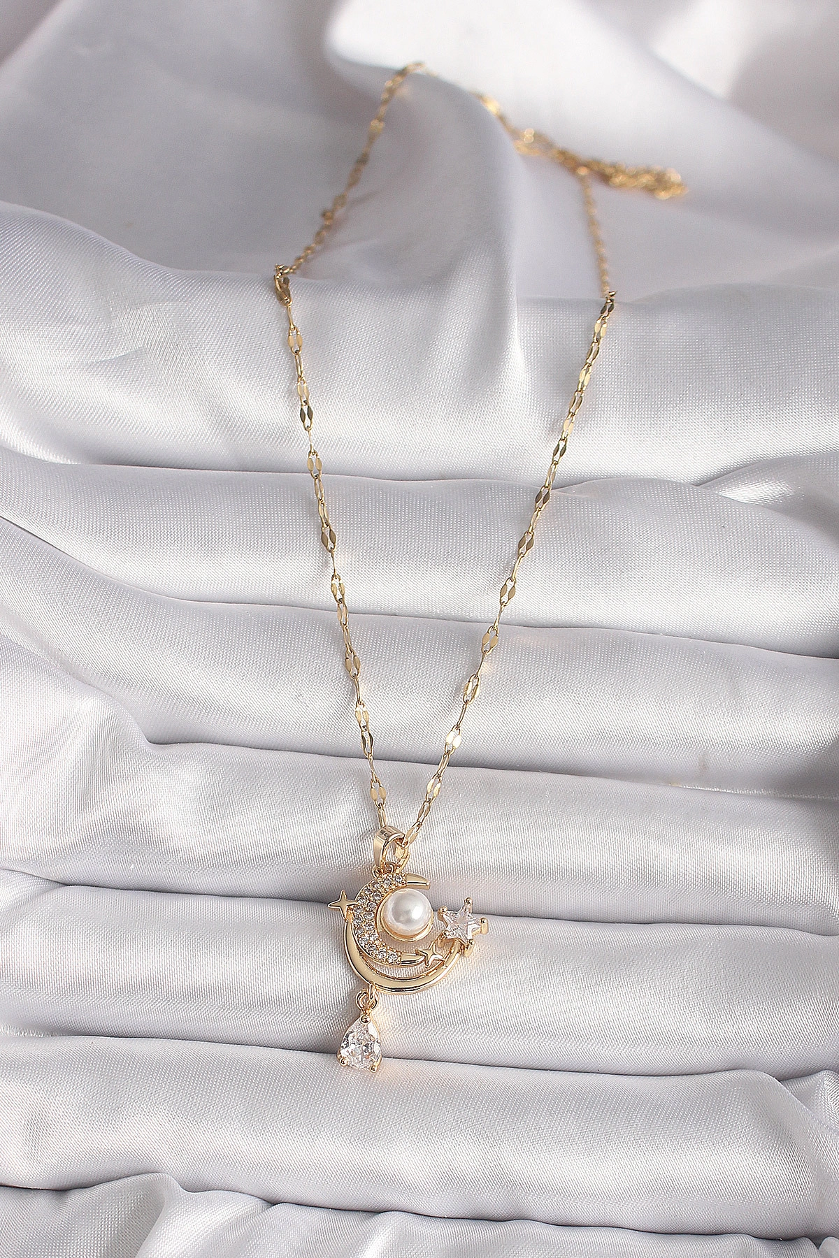316L Gold Renk Zirkon Taşlı Ay Yıldız Model Sallantı Detay Kadın Kolye-1
