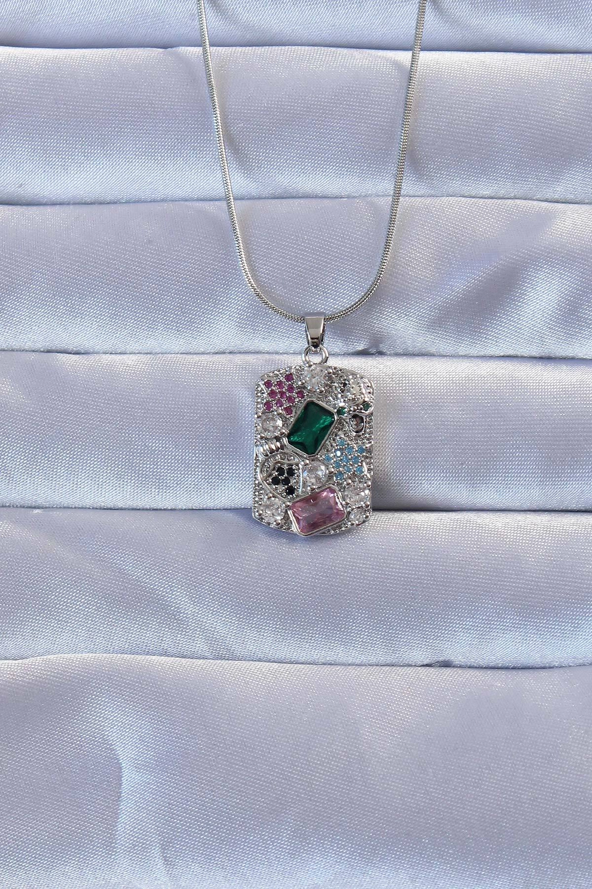 316L Gümüş Renk Çok Renkli Zirkon Taşlı Vintage Kolye-0