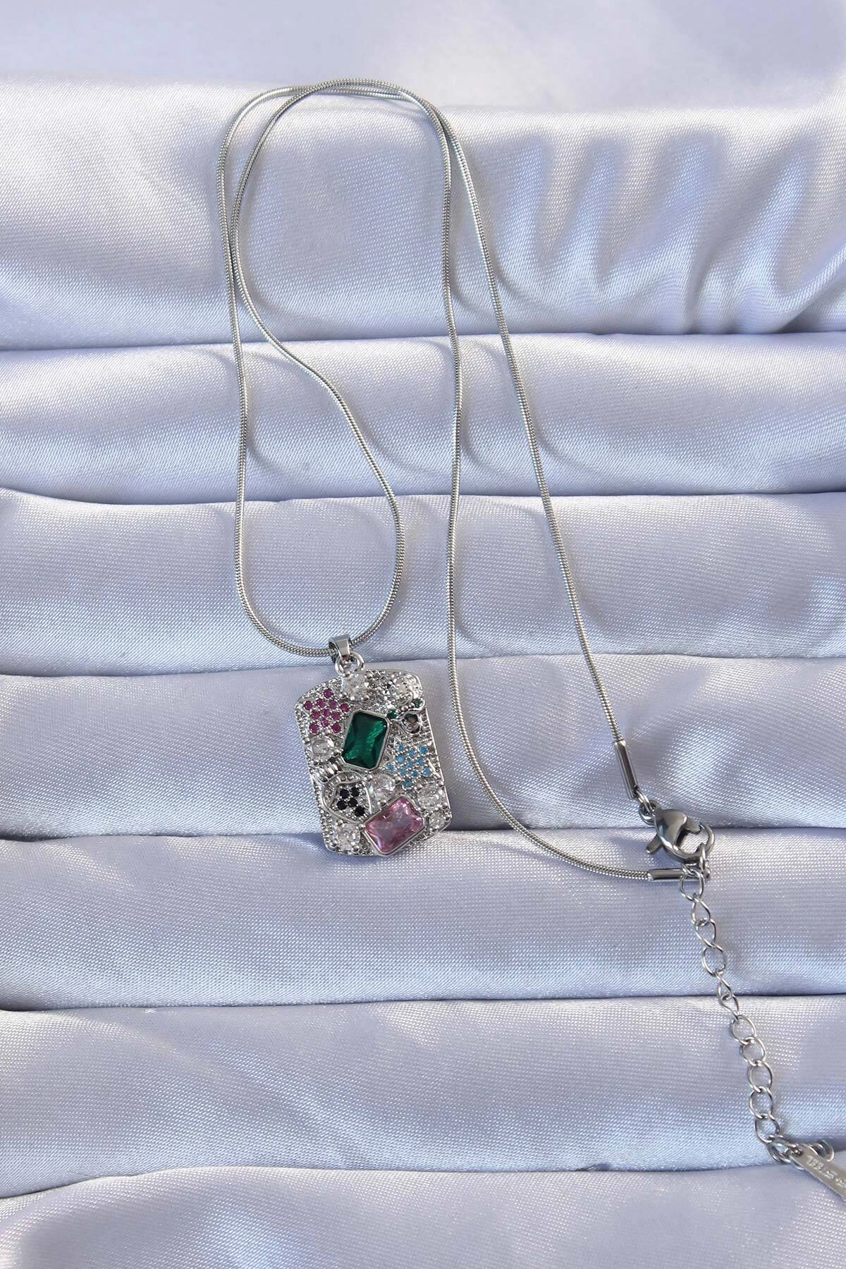 316L Gümüş Renk Çok Renkli Zirkon Taşlı Vintage Kolye-1