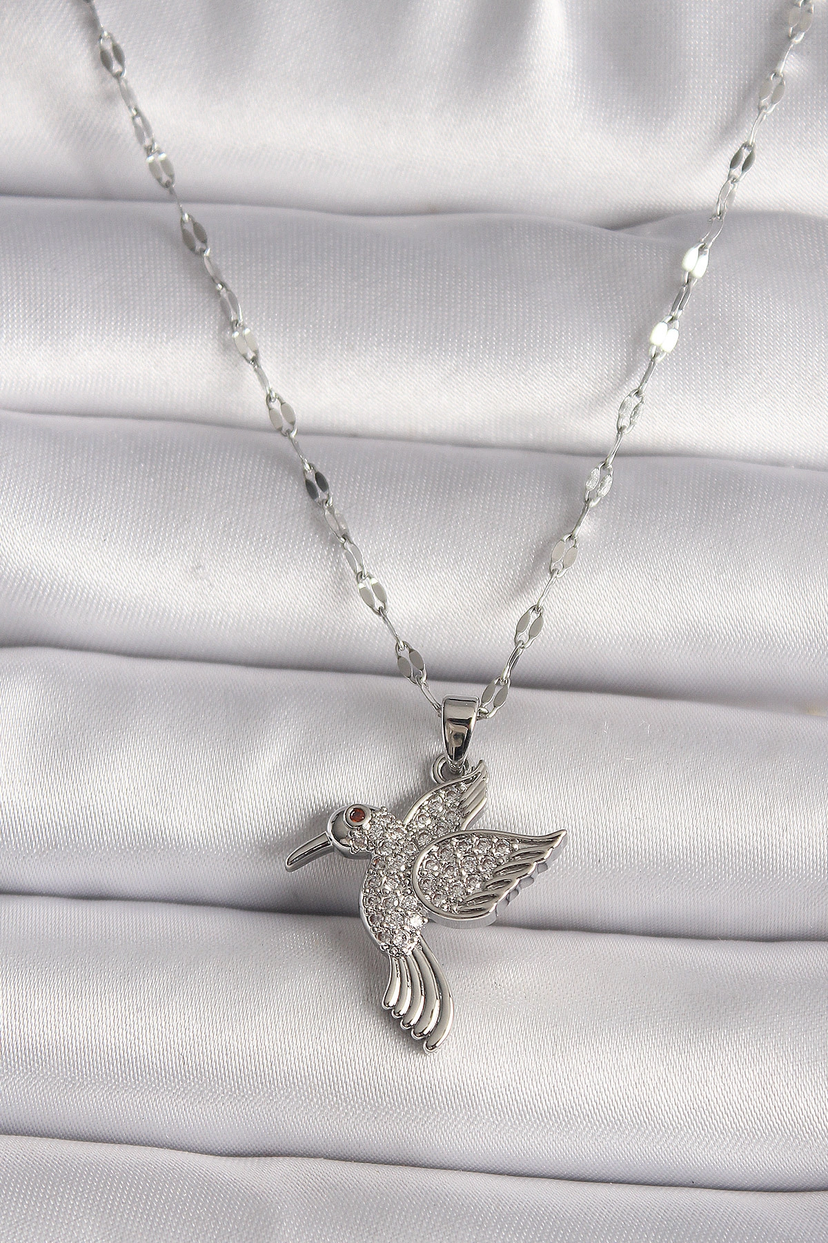 316L Gümüş Renk Zirkon Taşlı Sinek Kuşu Model Kadın Kolye-0