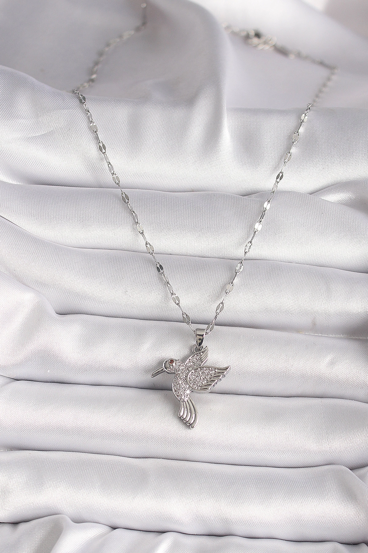 316L Gümüş Renk Zirkon Taşlı Sinek Kuşu Model Kadın Kolye-1