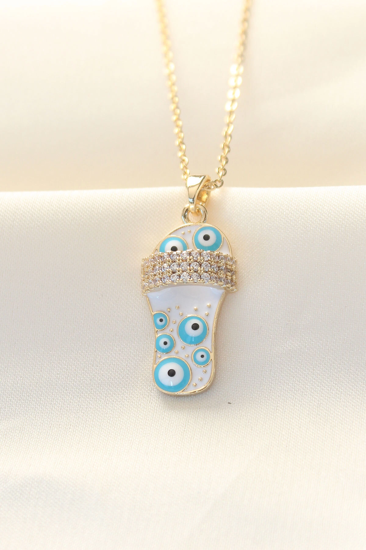 316L Zinciri Çelik Zirkon Taşlı Gold Renk Nazar Boncuklu Terlik Kolye-0