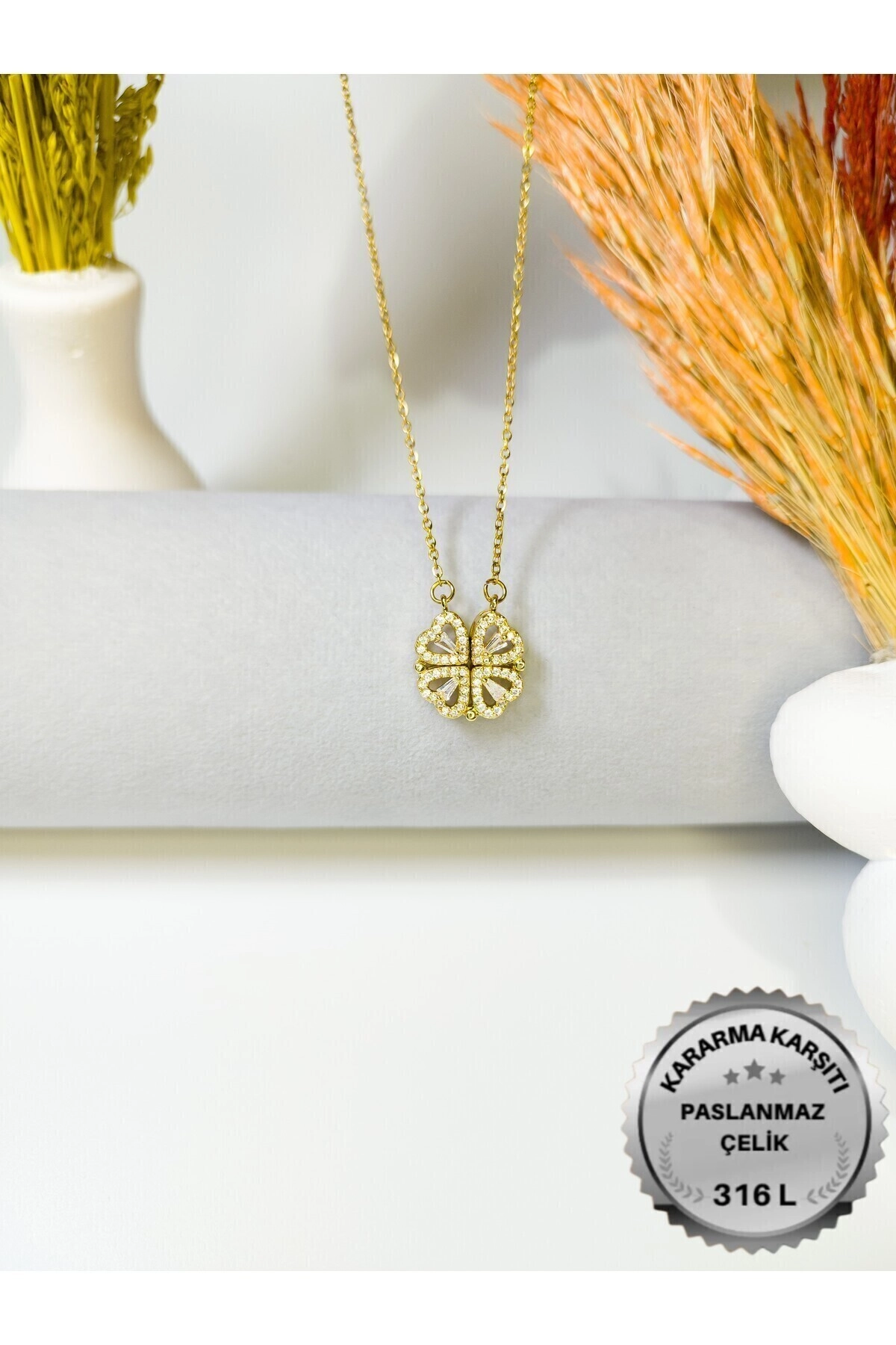 4 Kalpli Yonca Kolye | Açılır - Kapanır - Mıknatıslı | 316l Çelik - Kararmaz | Hediye Kadın-4