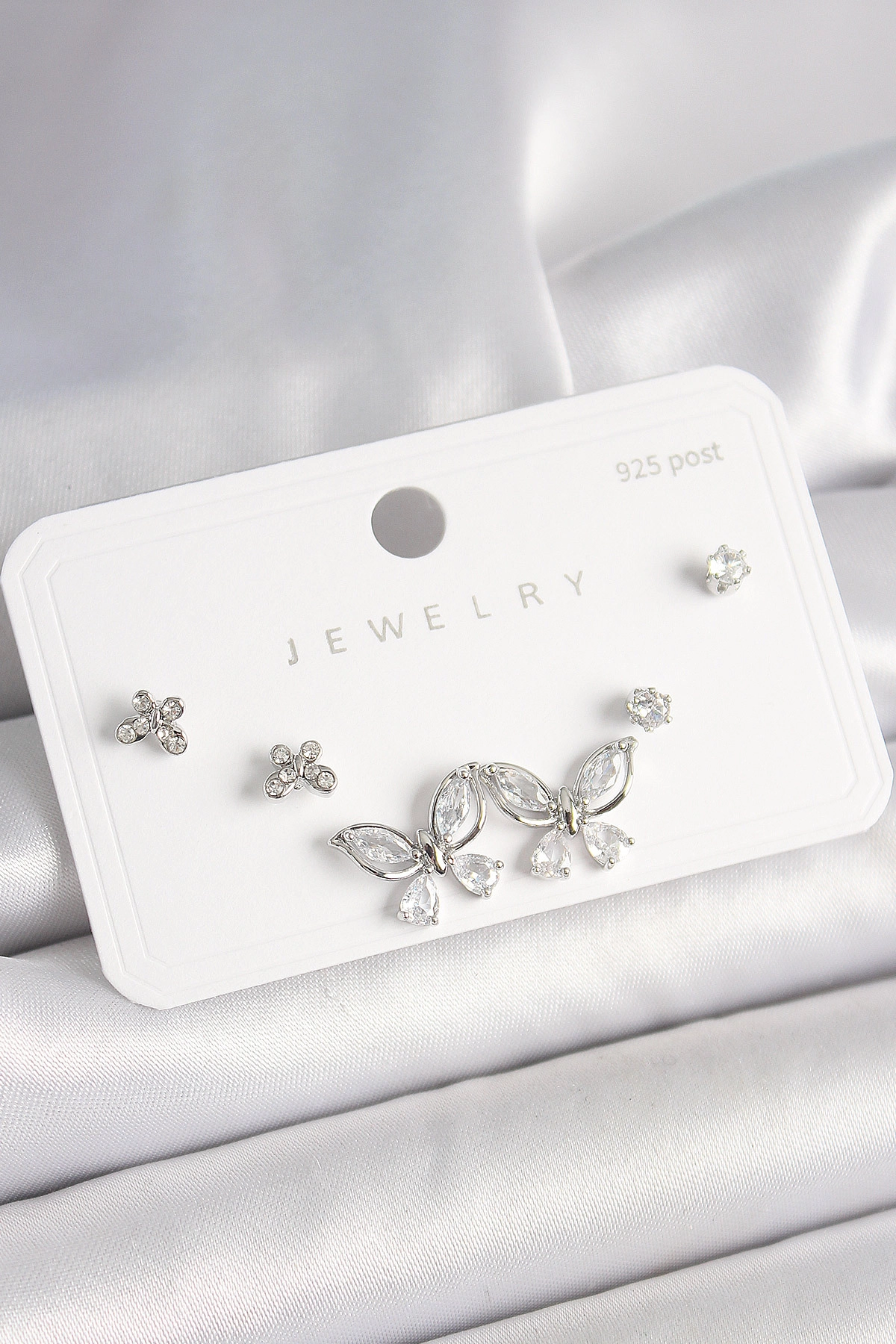 925 Ayar Gümüş Çivi Pirinç Gümüş Renk Zirkon Taşlı Kelebek Model Kadın Küpe Seti-0