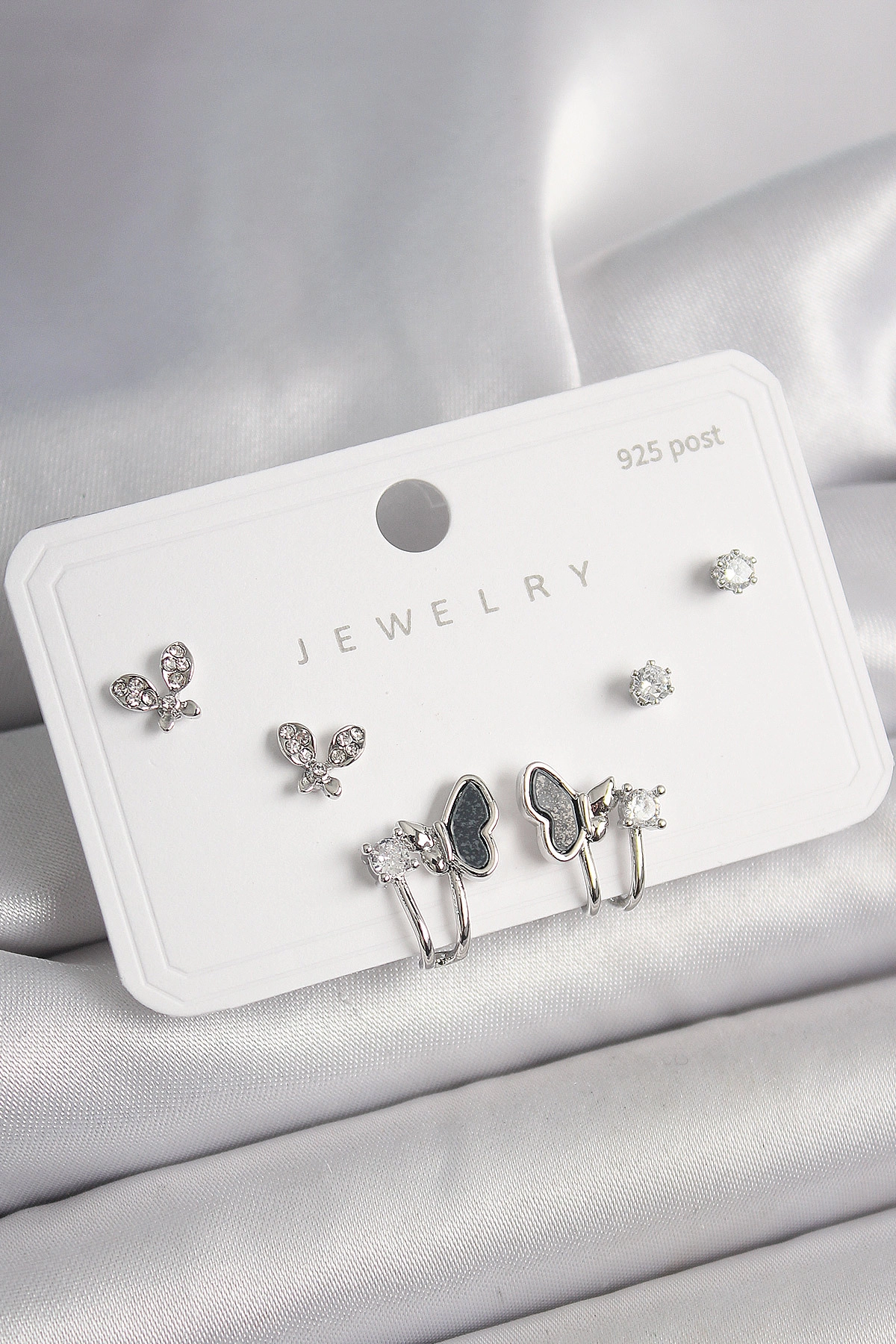 925 Ayar Gümüş Çivi Pirinç Gümüş Renk Zirkon Taşlı Kelebek Model Kadın Küpe Seti-0