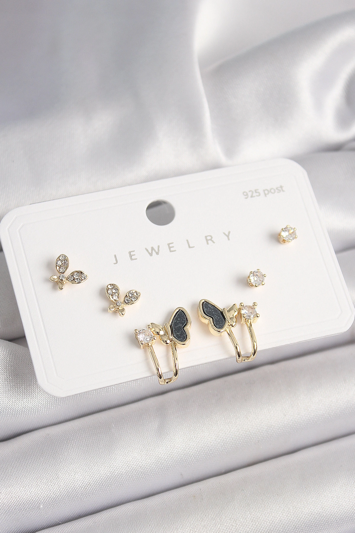 925 Ayar Gümüş Çivi Pirinç Zirkon Taşlı Kelebek Model Kadın Küpe Seti-0