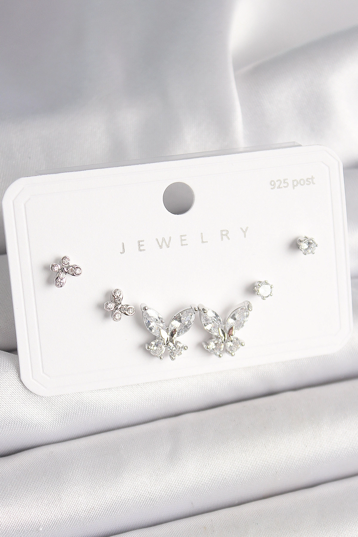 925 Ayar Gümüş Çivi Pirinç Zirkon Taşlı Kelebek Model Kadın Küpe Seti-0