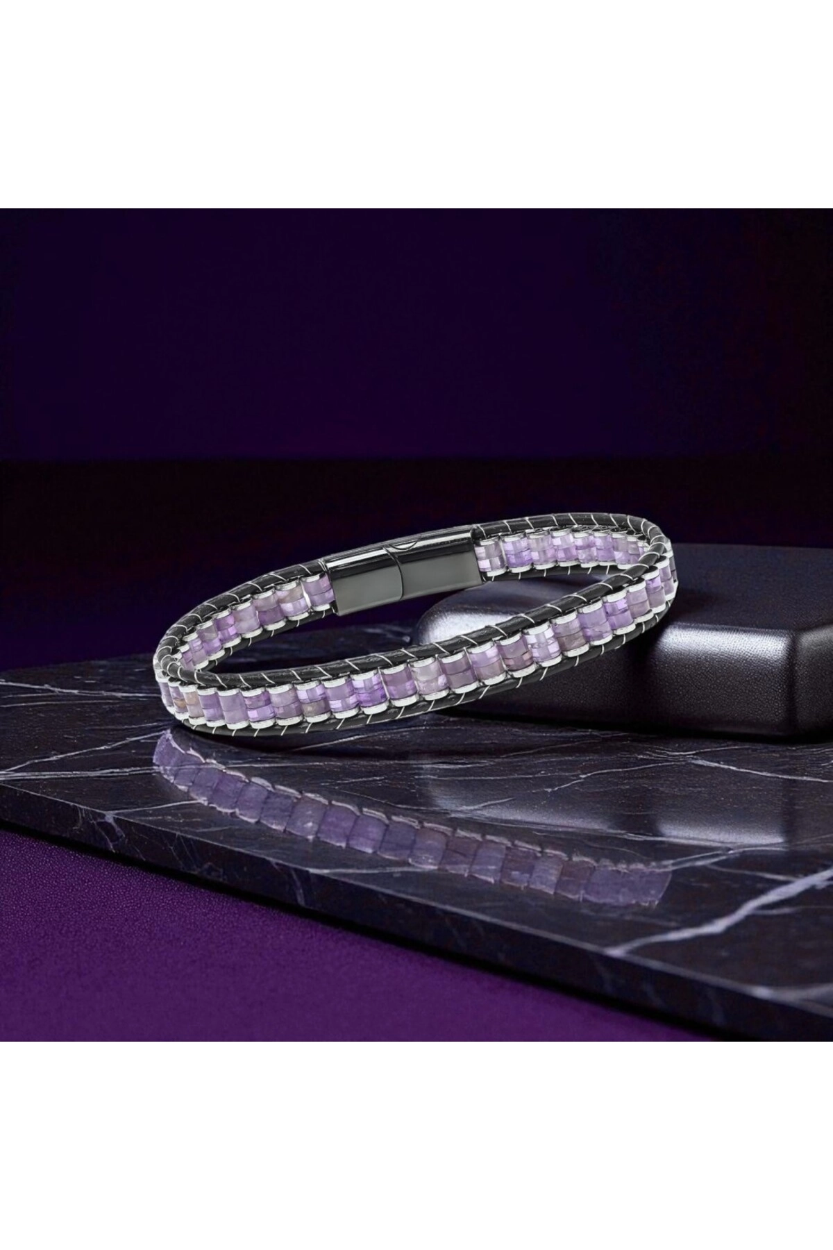 Ametist Hematit Çelik Örgülü Deri Bileklik-2