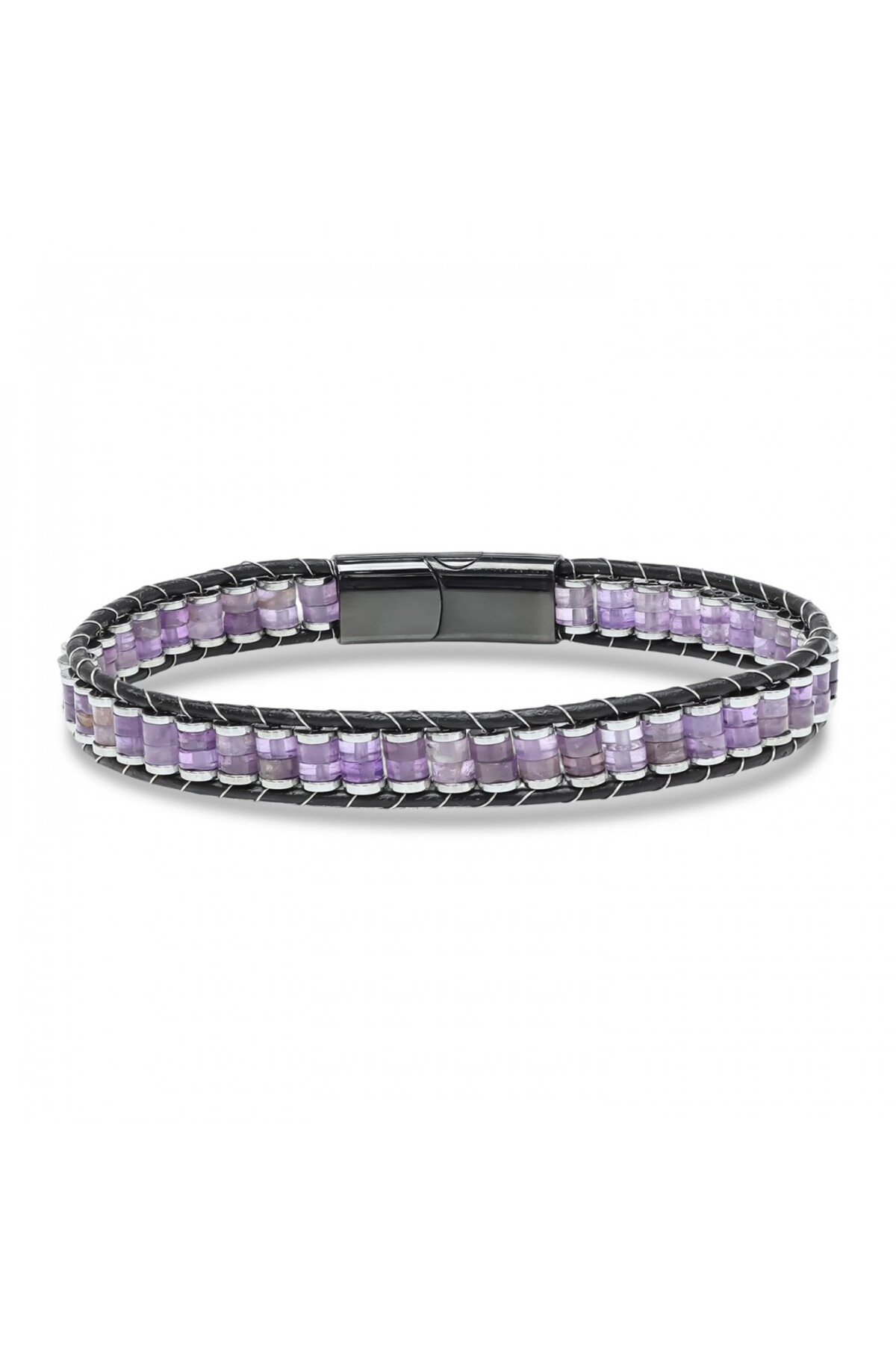 Ametist Hematit Çelik Örgülü Deri Bileklik-3