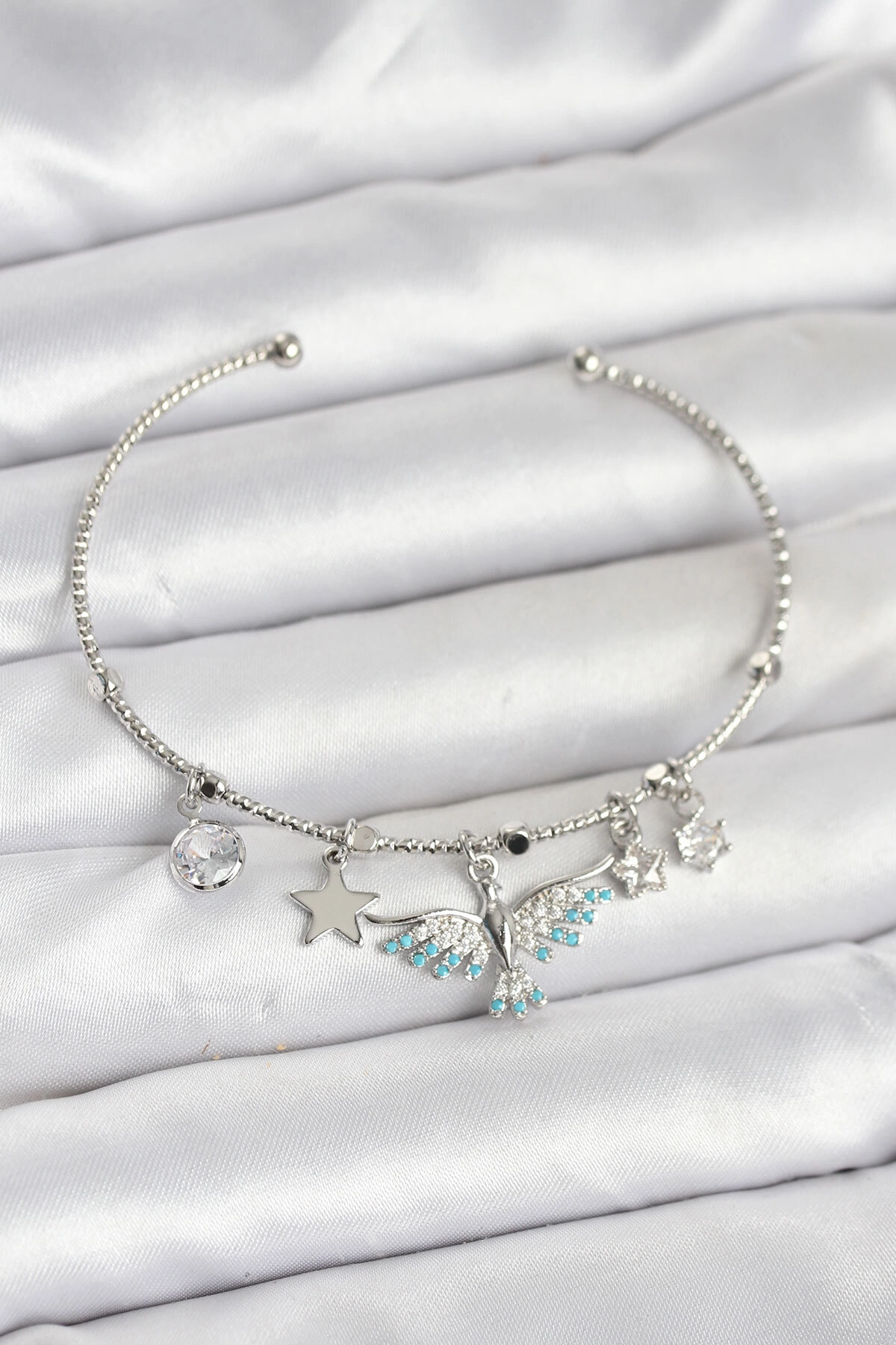 Anka Kuşu Charmlı Gümüş Renk Pirinç Kadın Bileklik-0