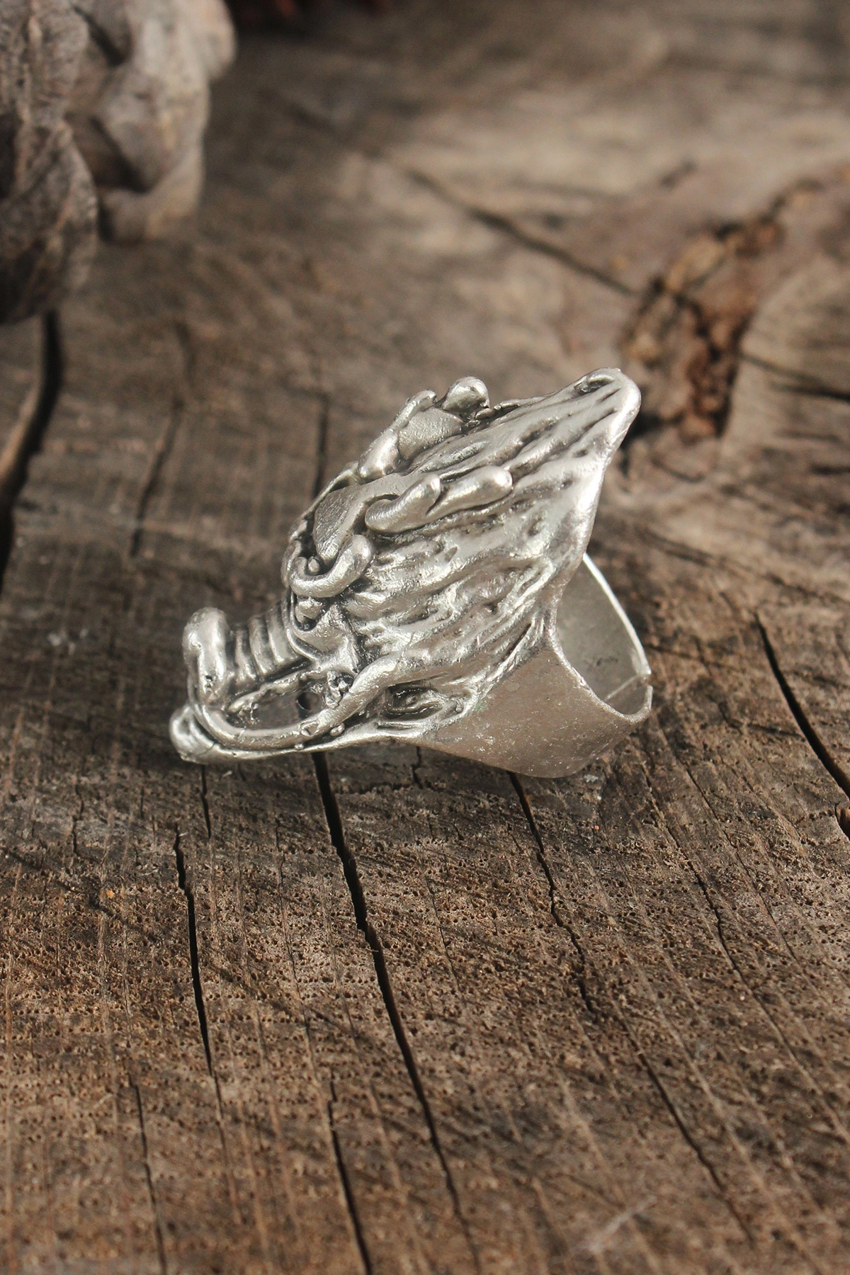 Antik Gümüş Renk Ejderha Kafası Model Ayarlanabilir Erkek Yüzük-1