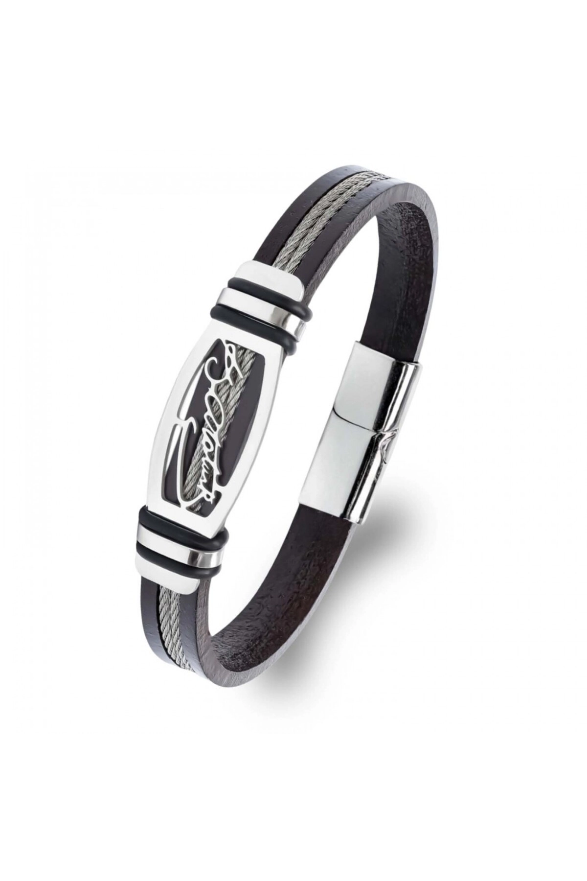 Atatürk İmzalı Çelik Halatlı Erkek Deri Bileklik-0