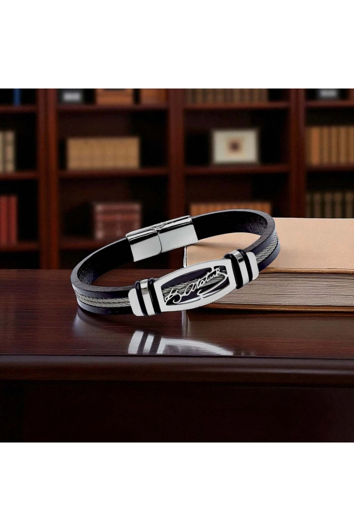 Atatürk İmzalı Çelik Halatlı Erkek Deri Bileklik-2