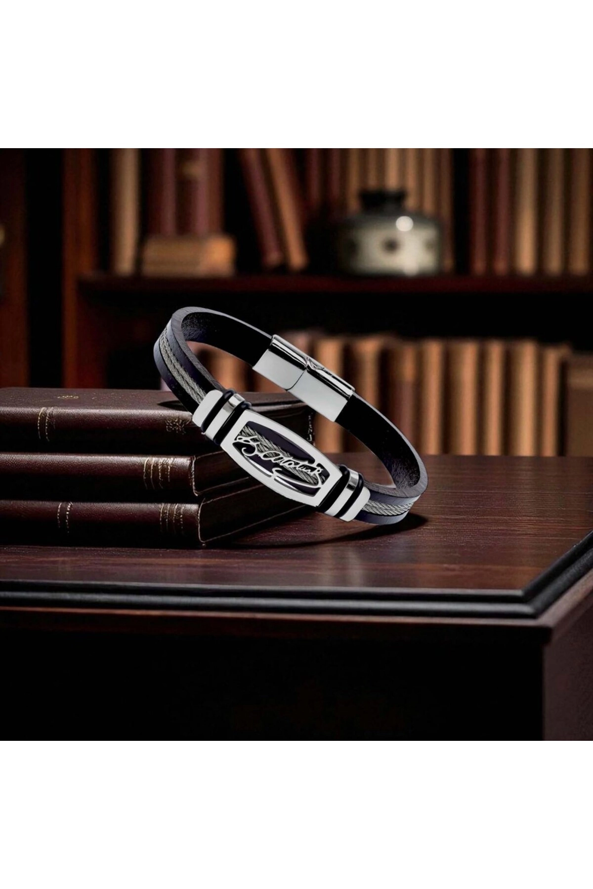 Atatürk İmzalı Çelik Halatlı Erkek Deri Bileklik-3