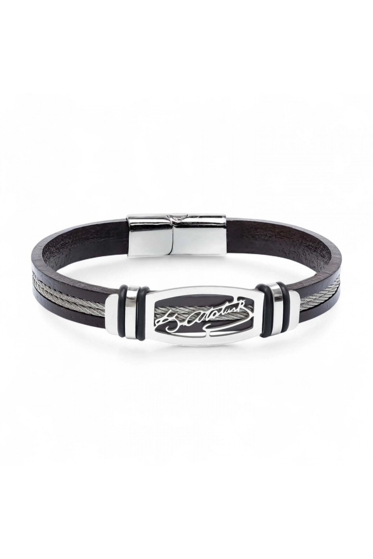 Atatürk İmzalı Çelik Halatlı Erkek Deri Bileklik-4