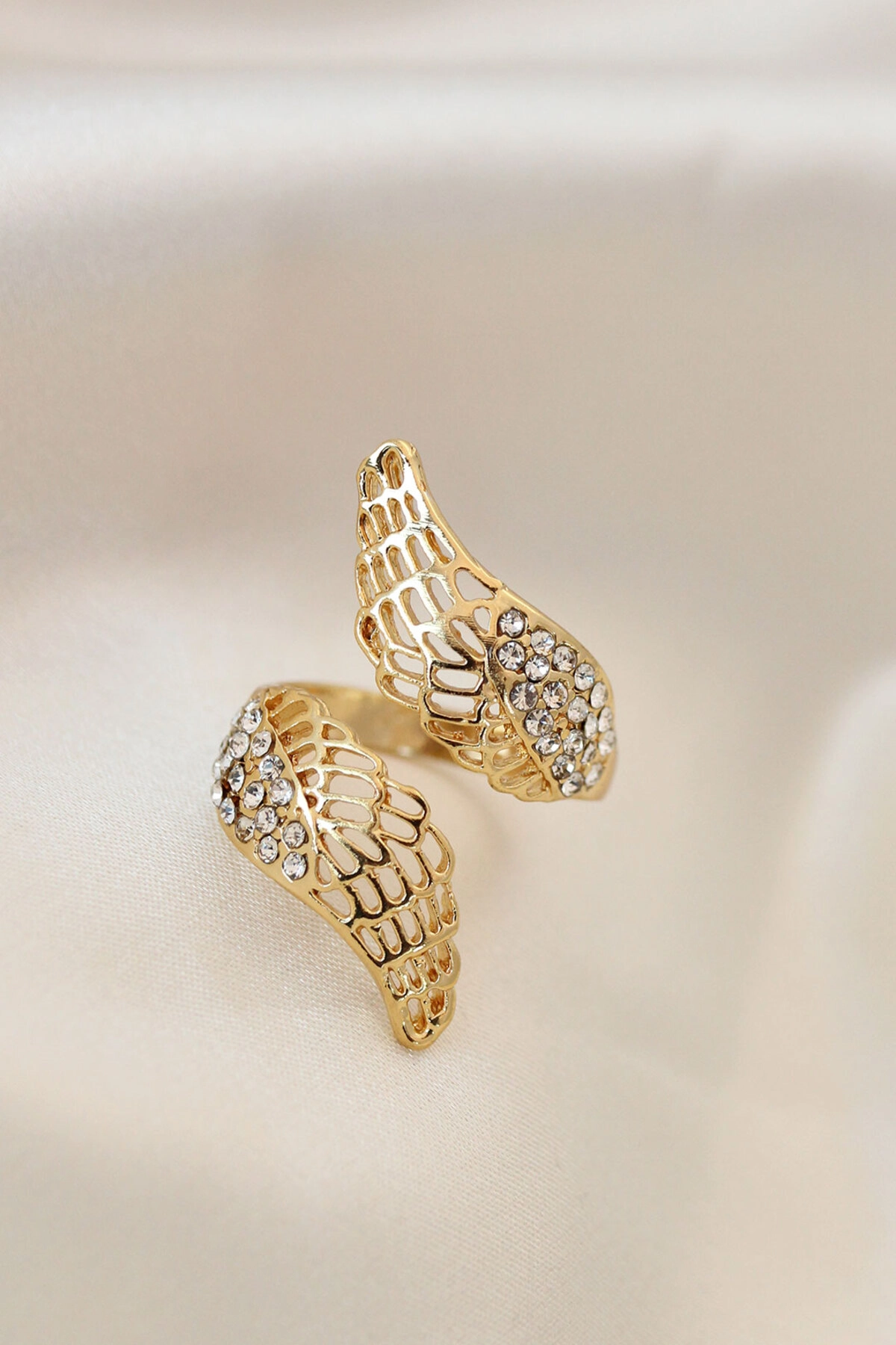 Ayarlamalı Gold Renk Metal Zirkon Taşlı Kanat Yüzük-0