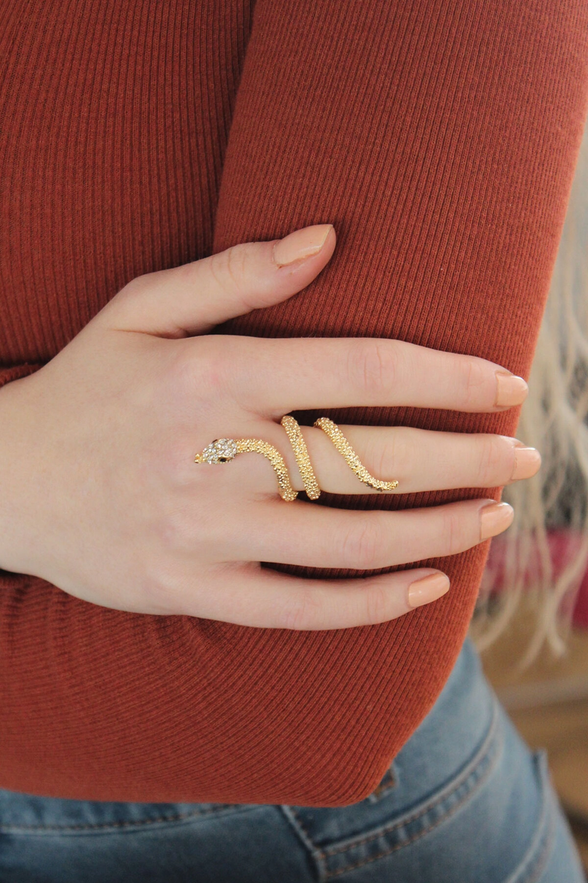 Ayarlanabilir Gold Renk Zirkon Taşlı Yılan Yüzük-1