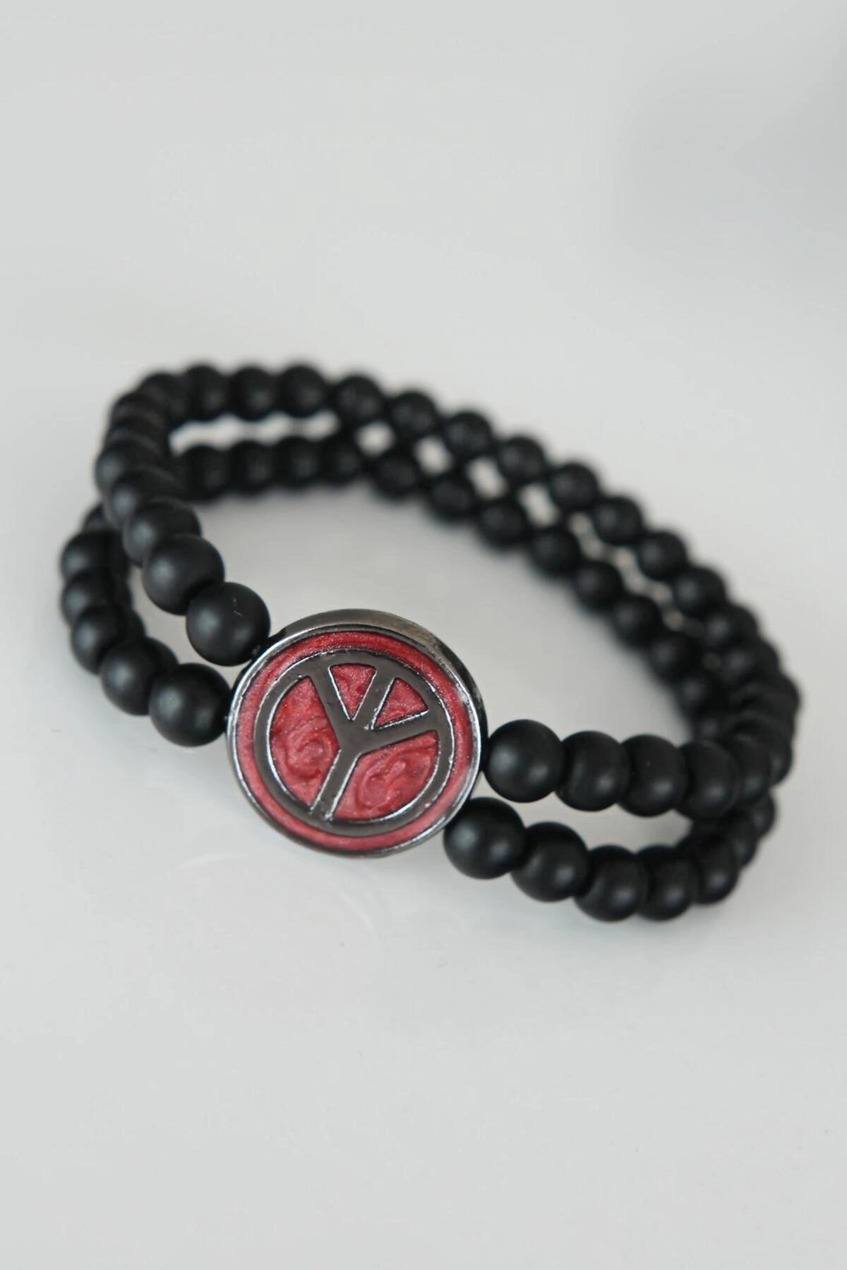 Barış Figürlü Bordo Renk Füme Metal Aksesuarlı Çift Sıra Oniks Doğal Taş Erkek Bileklik-0