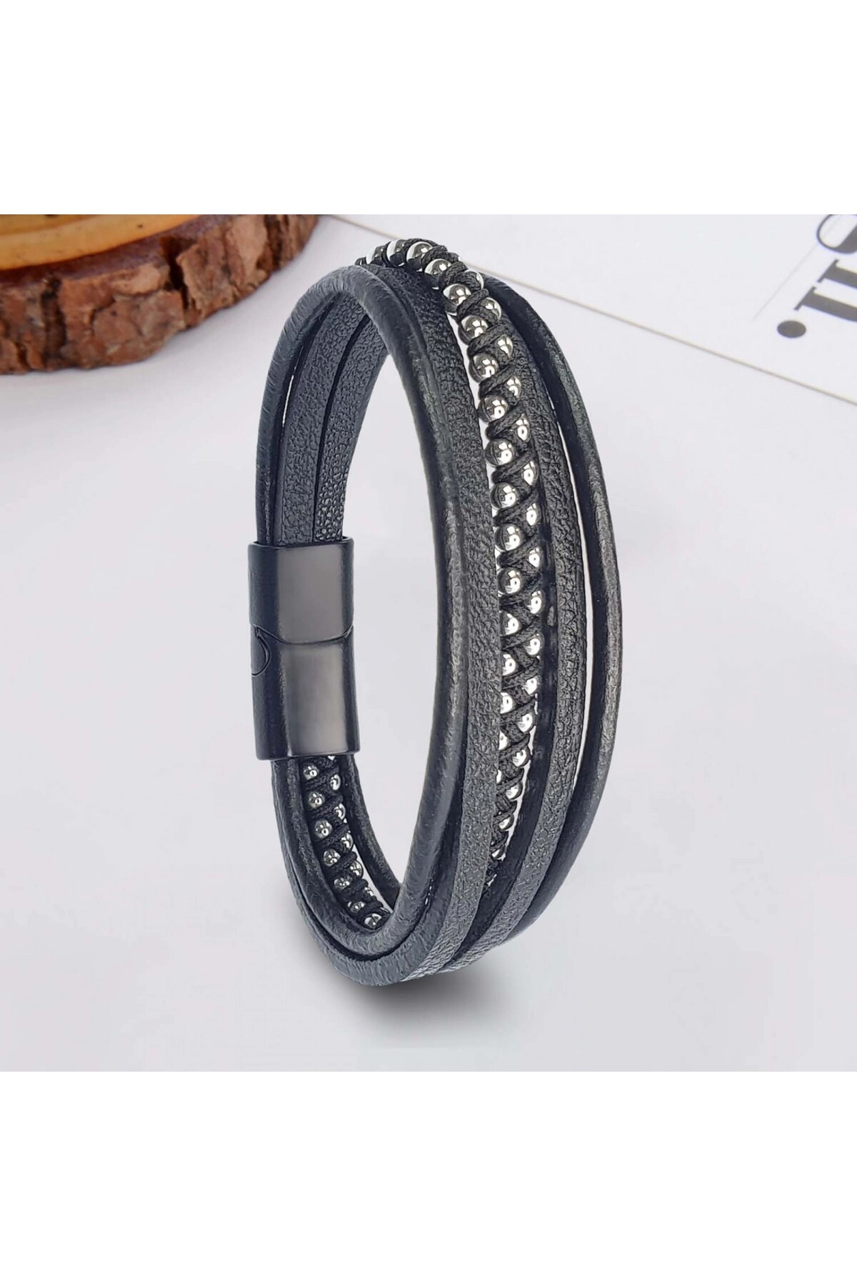 Beyaz Hematit Ve Çoklu Deri Bileklik-1