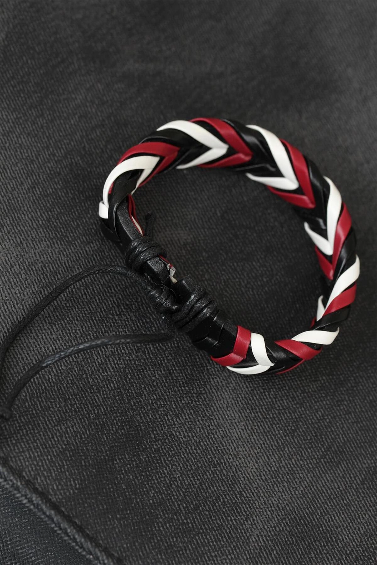 Bordo Beyaz Siyah Örgü Deri Erkek Bileklik-1