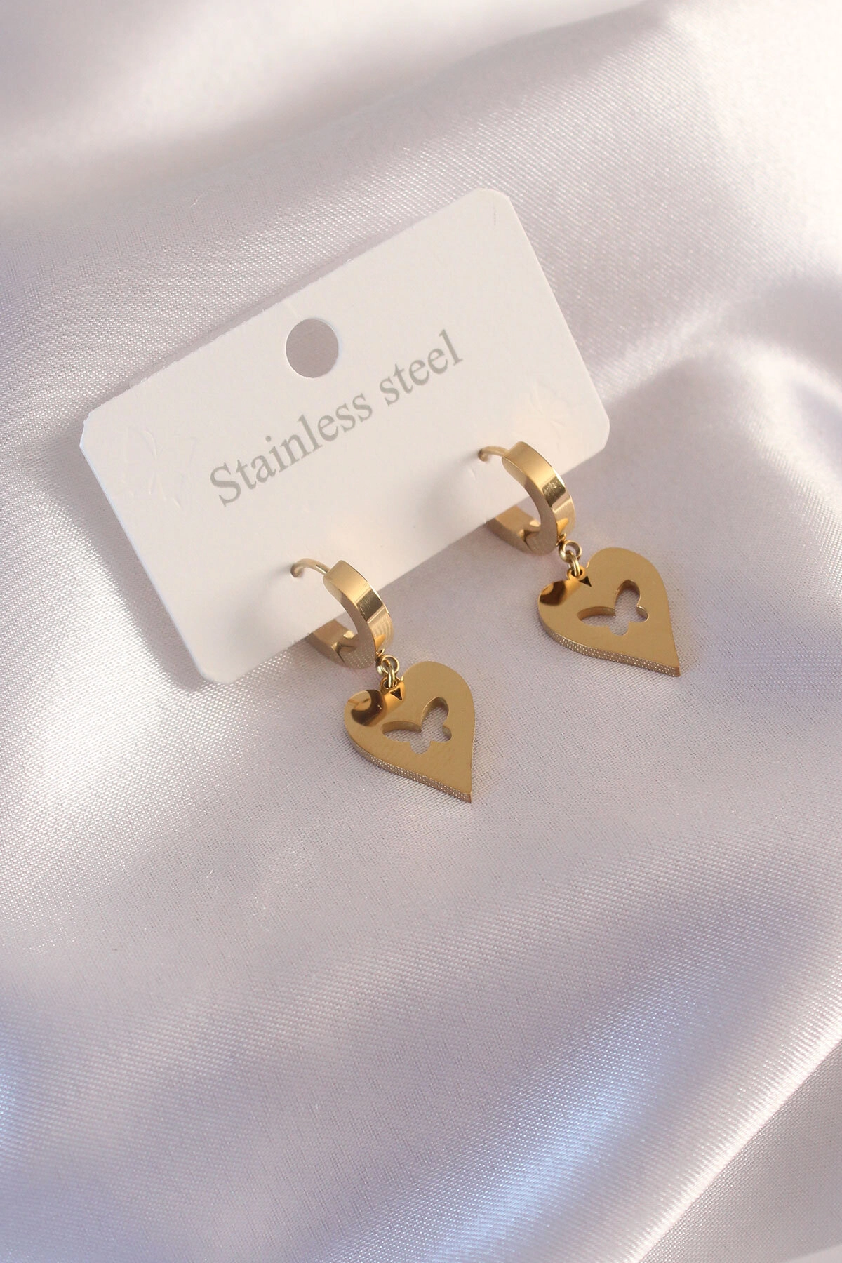 Çelik Gold Renk Kalp Model Kelebek Detay Kadın Küpe-0