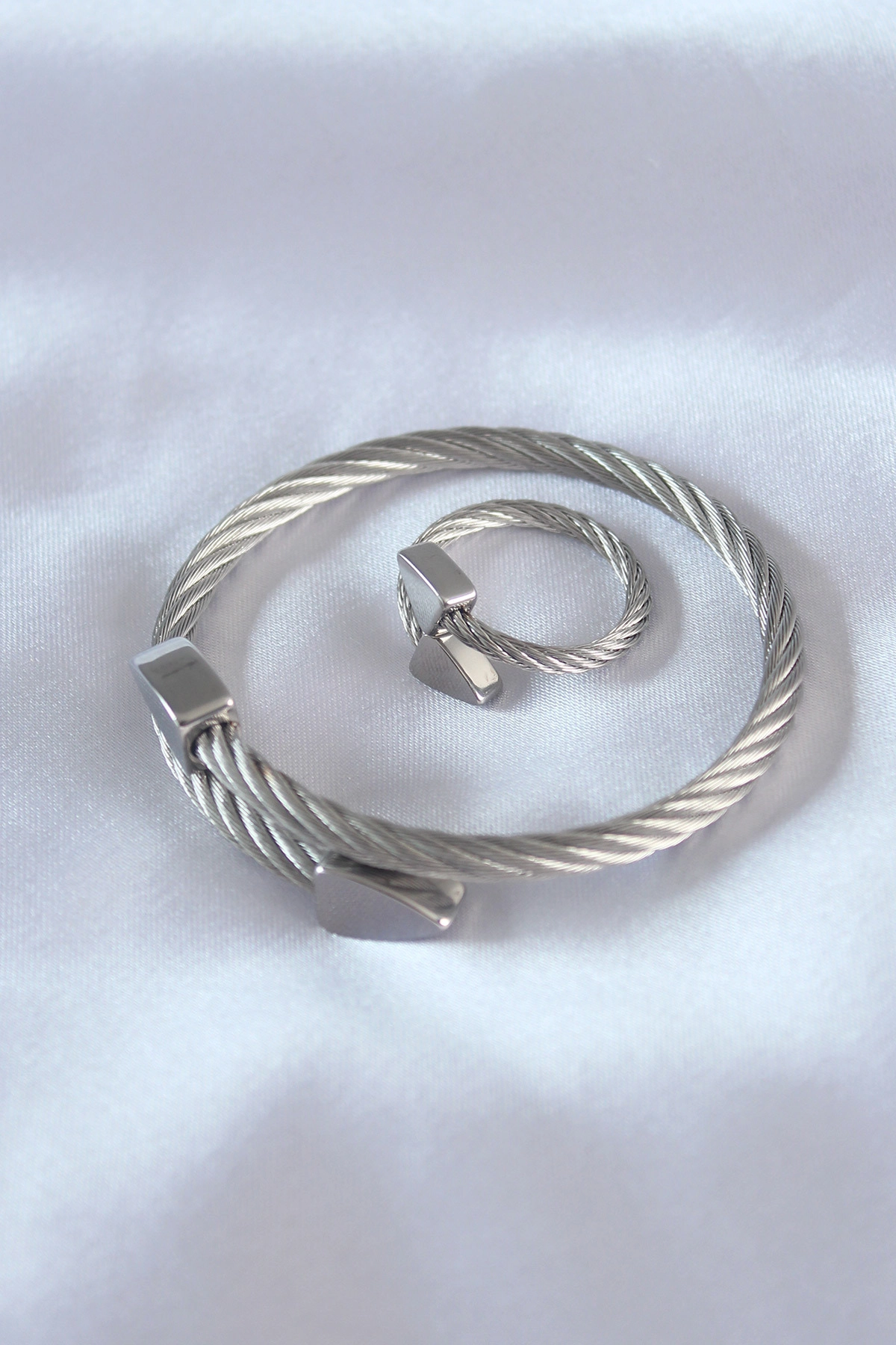 Çelik Gümüş Renk Burgu Model Erkek Bileklik Yüzük Seti-0