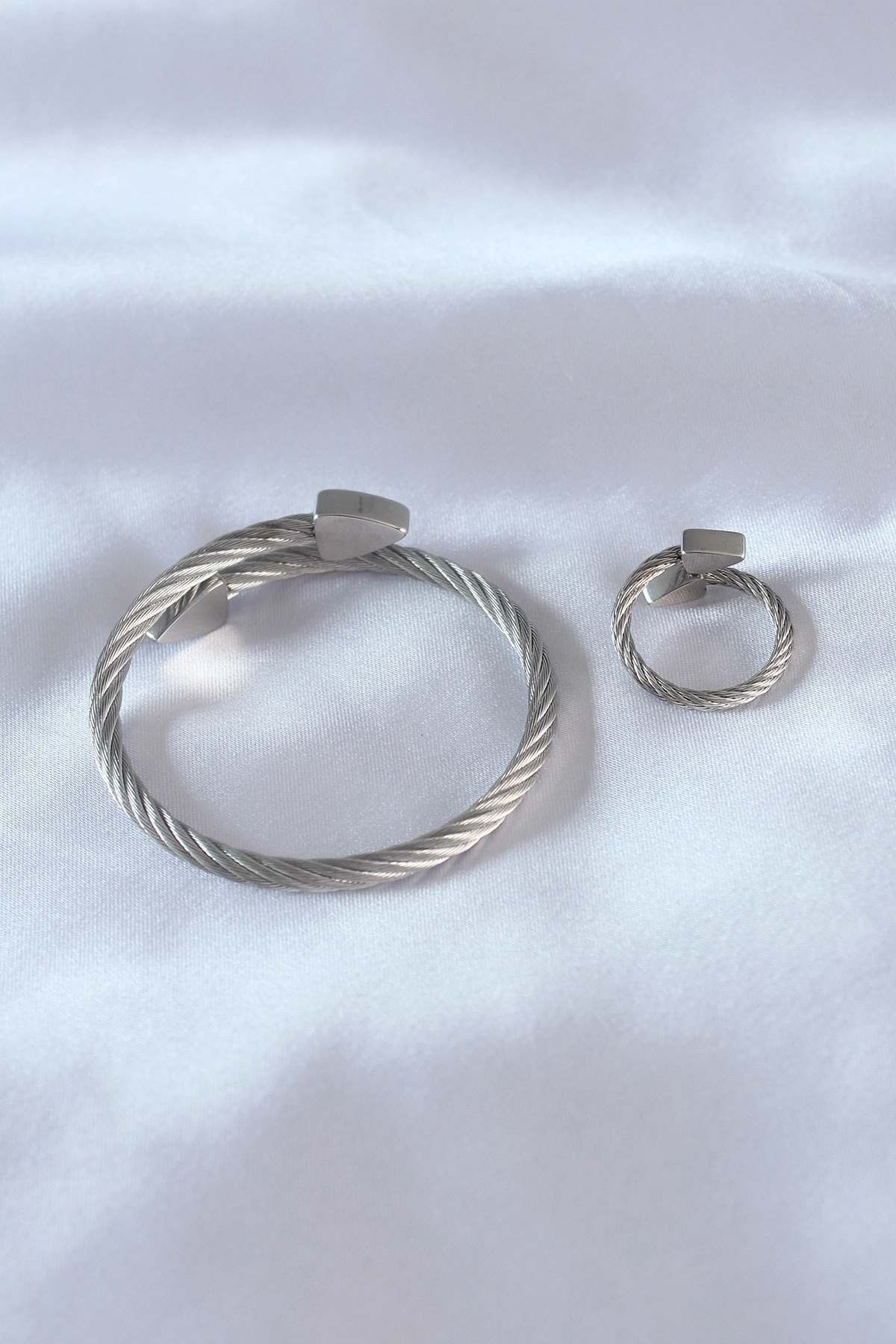 Çelik Gümüş Renk Burgu Model Erkek Bileklik Yüzük Seti-1