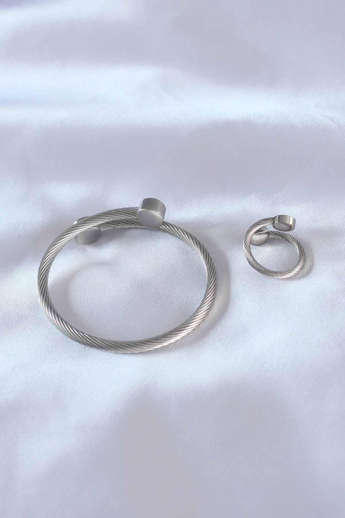 Çelik Gümüş Renk Sıkı Burgu Model Erkek Bileklik Yüzük Seti-1