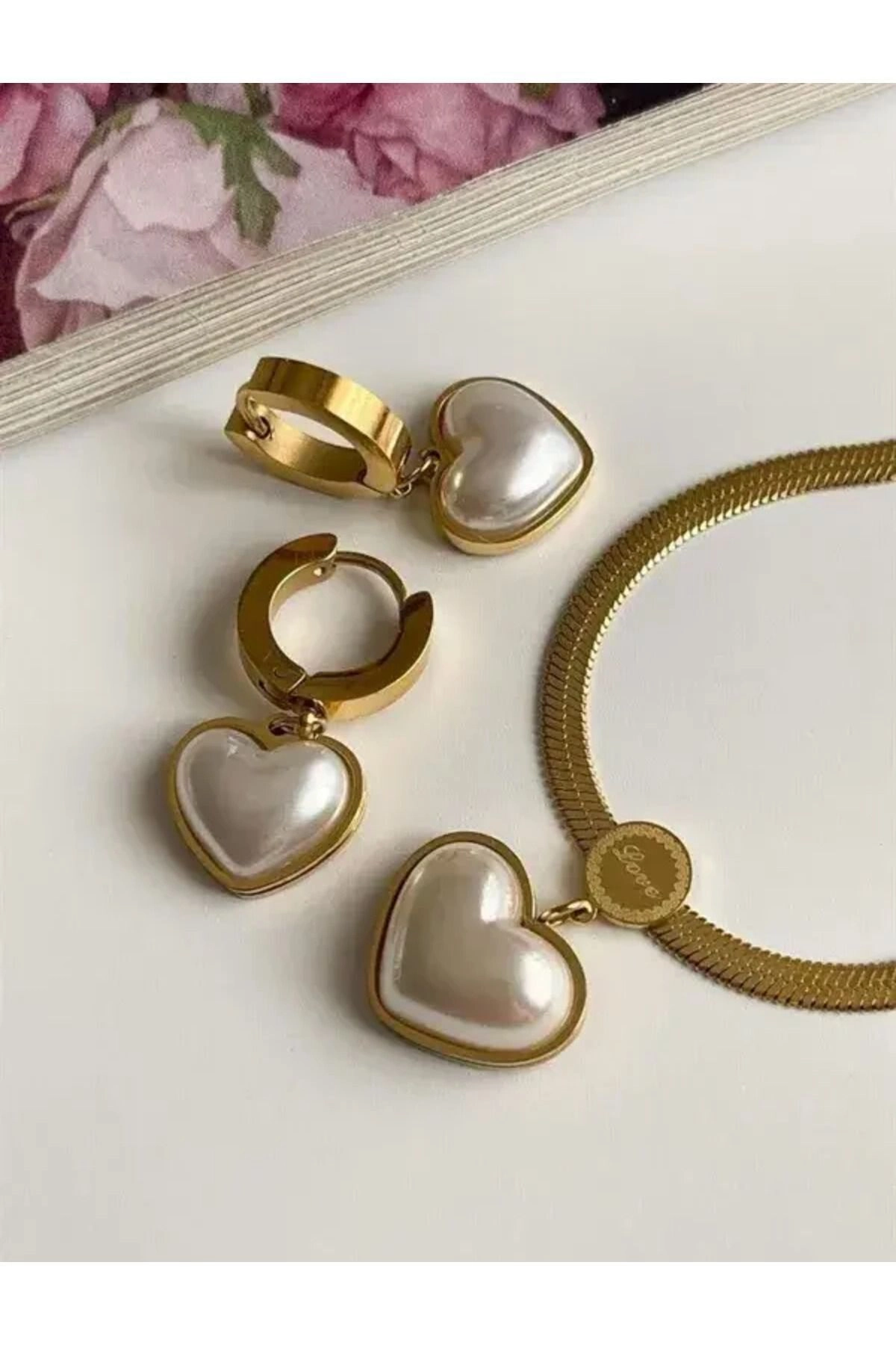 Çelik Venedik Kalp Kolye Küpe Gold Set | 316l Çelik - Kararmaz | Hediye Kadın-0