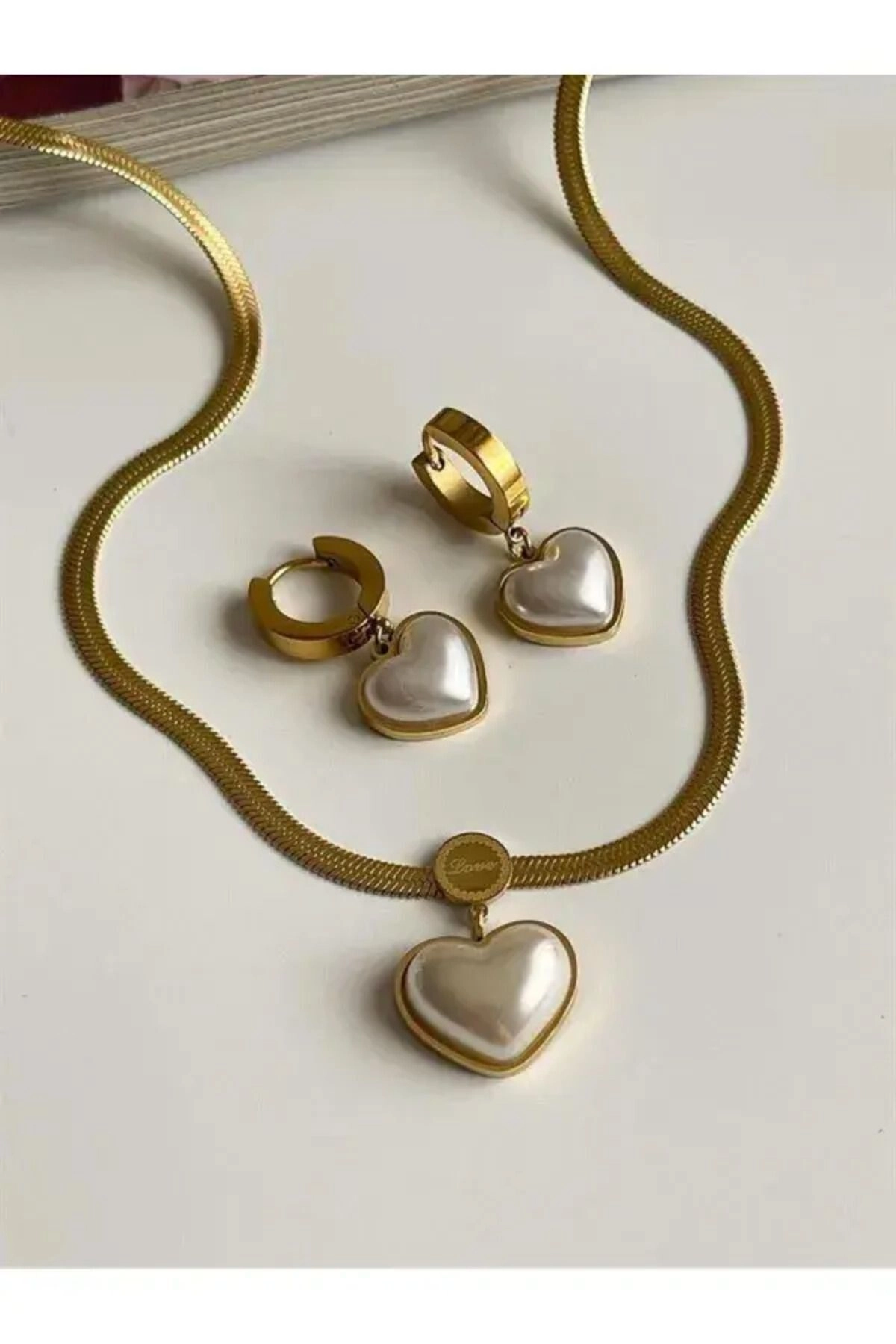 Çelik Venedik Kalp Kolye Küpe Gold Set | 316l Çelik - Kararmaz | Hediye Kadın-4