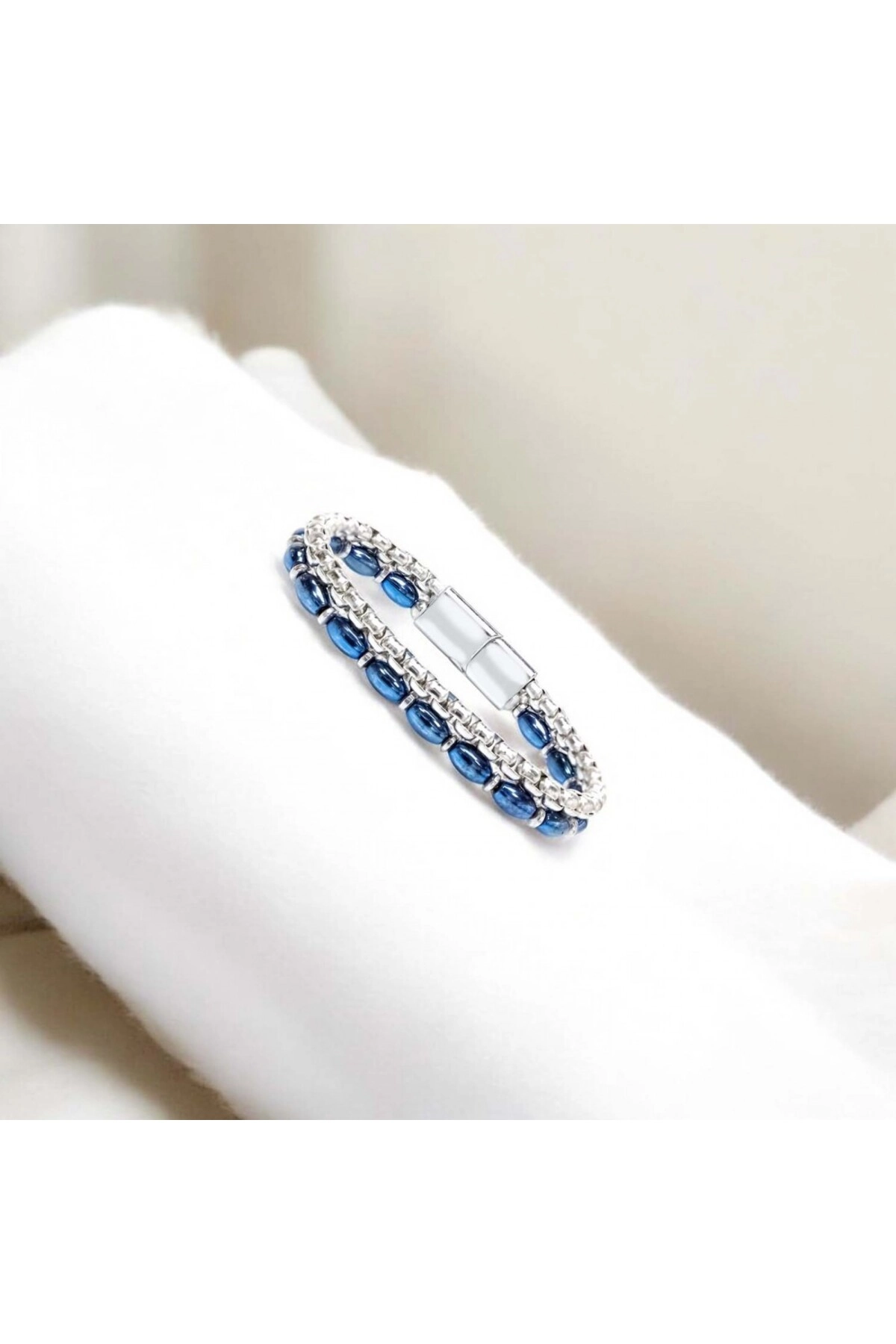 Çelik Zincirli Gümüş Ve Mavi Arpa Hematit Bileklik-1