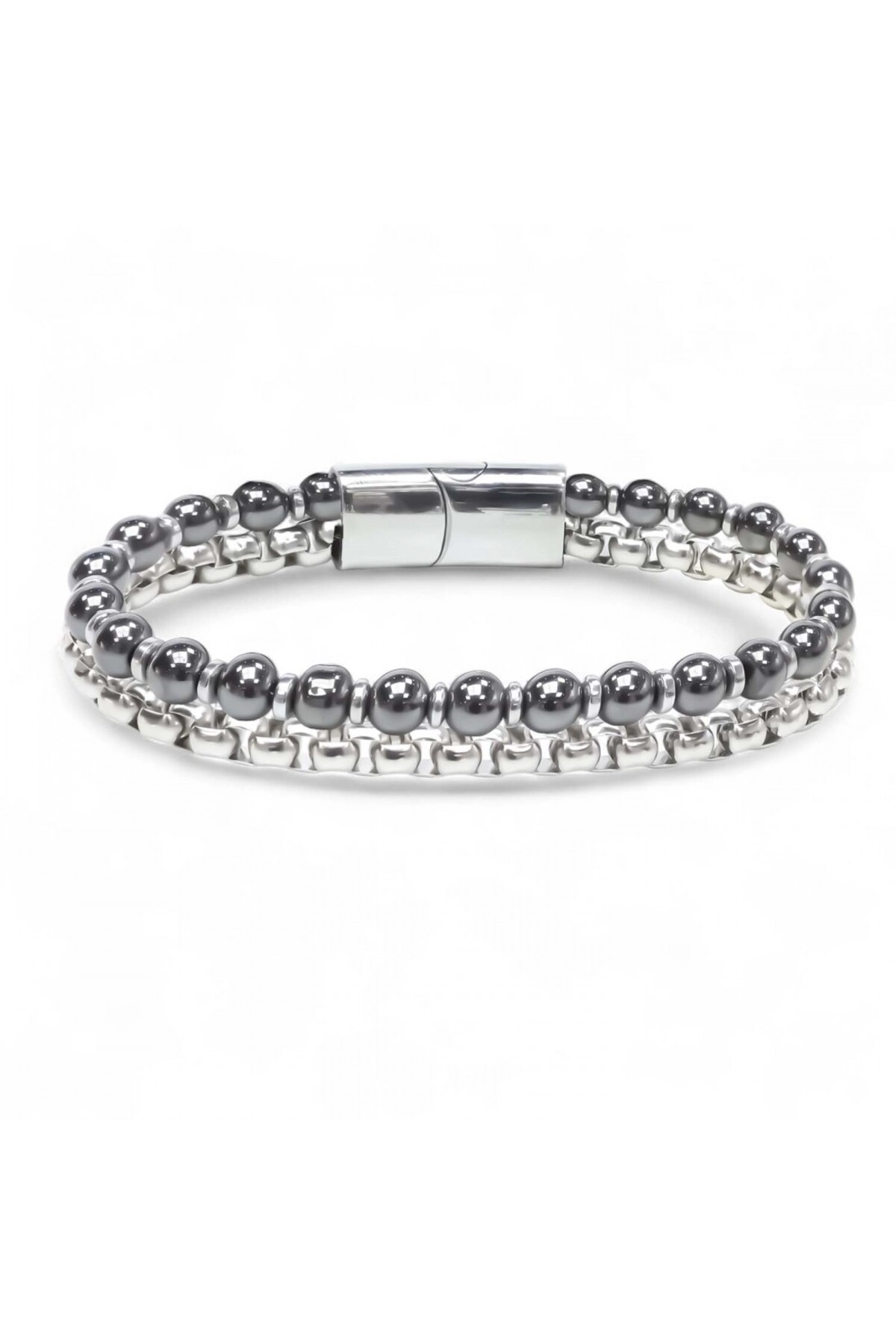 Çelik Zincirli Hematit Ve Silver Hematit Bileklik-0