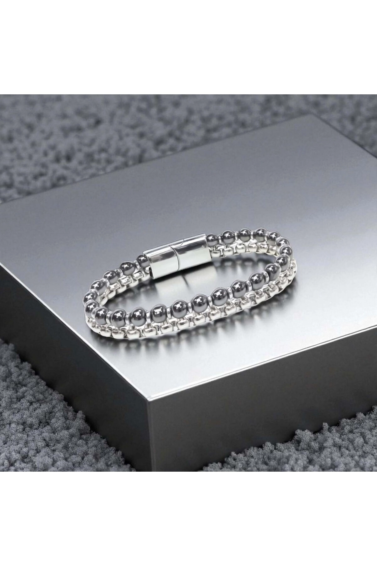Çelik Zincirli Hematit Ve Silver Hematit Bileklik-1