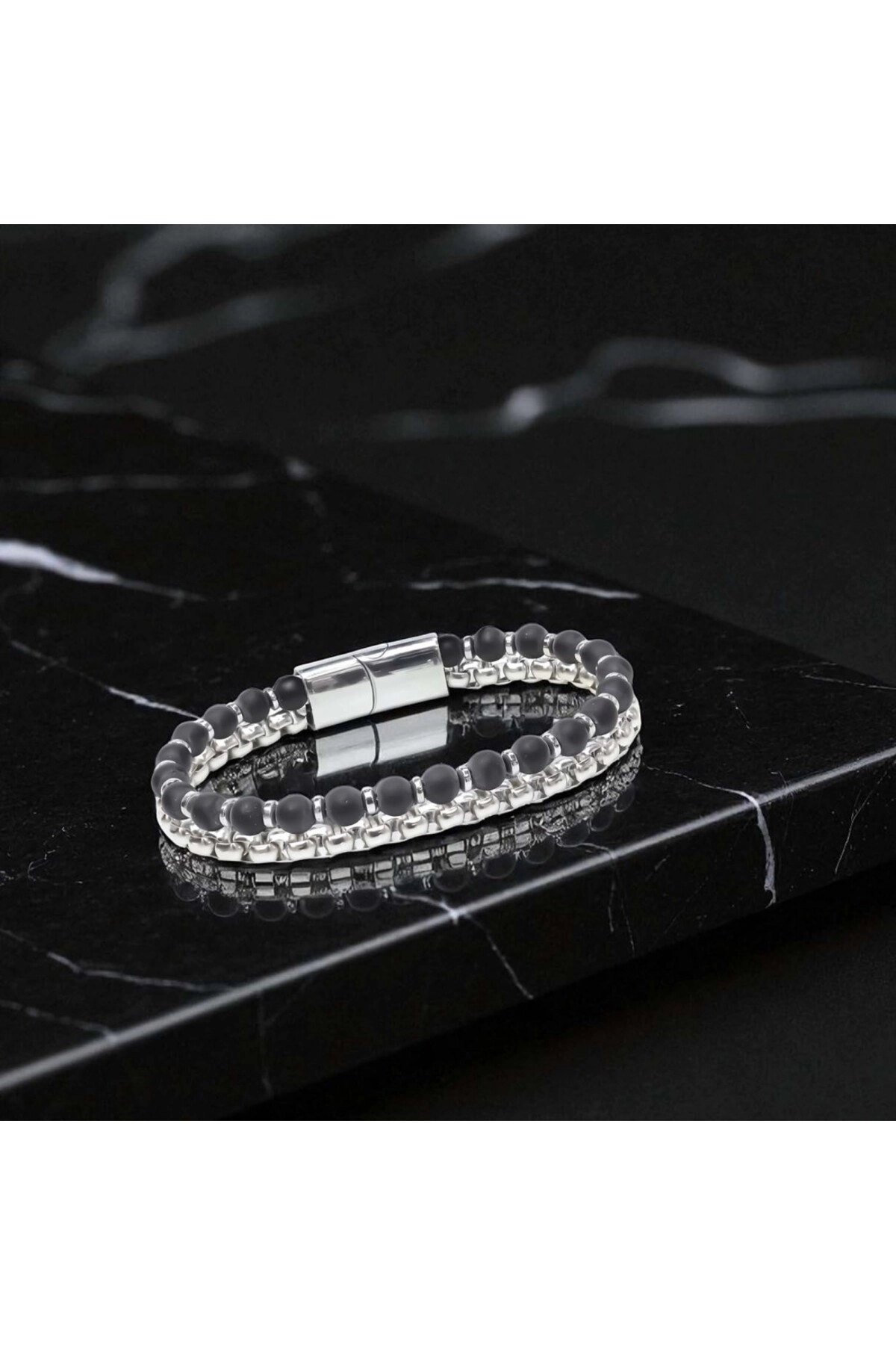Çelik Zincirli Mat Oniks Ve Silver Hematit Bileklik-1