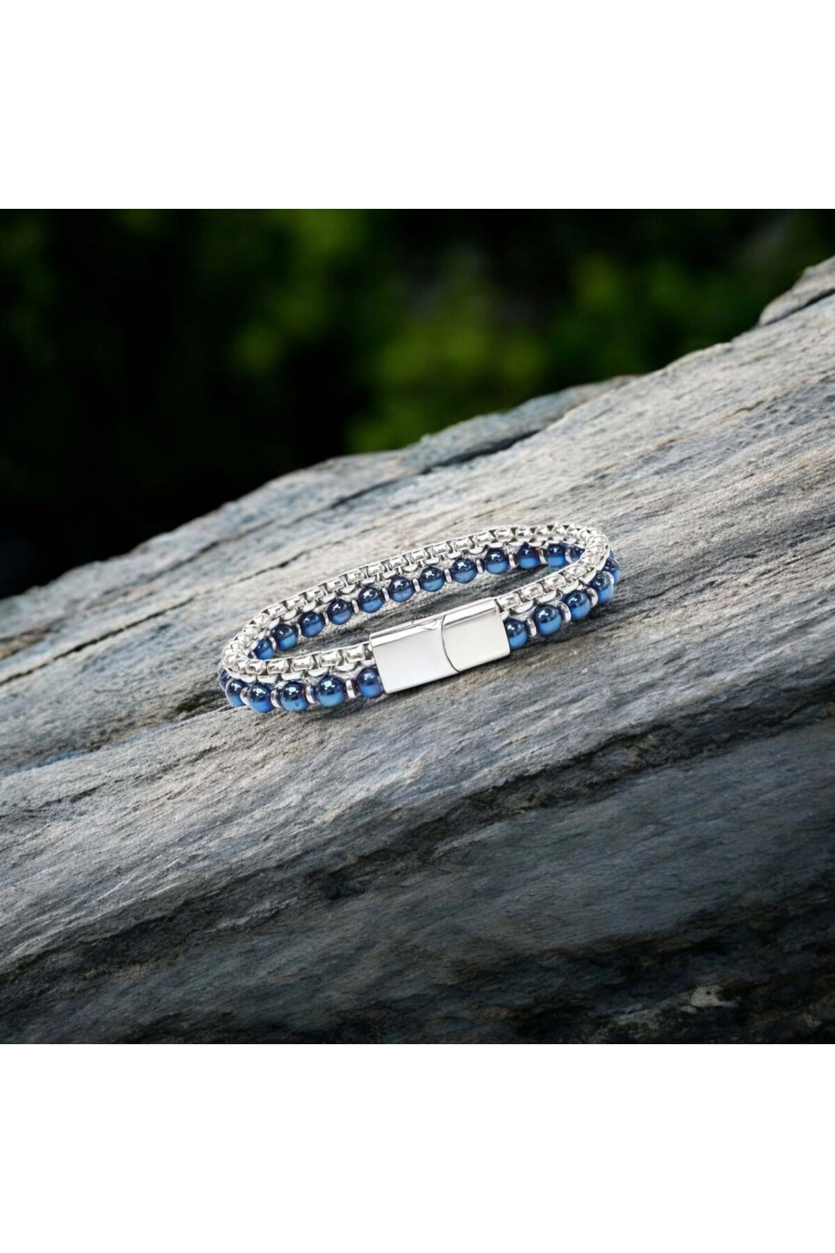 Çelik Zincirli Mavi Ve Gümüş Hematit Bileklik-2