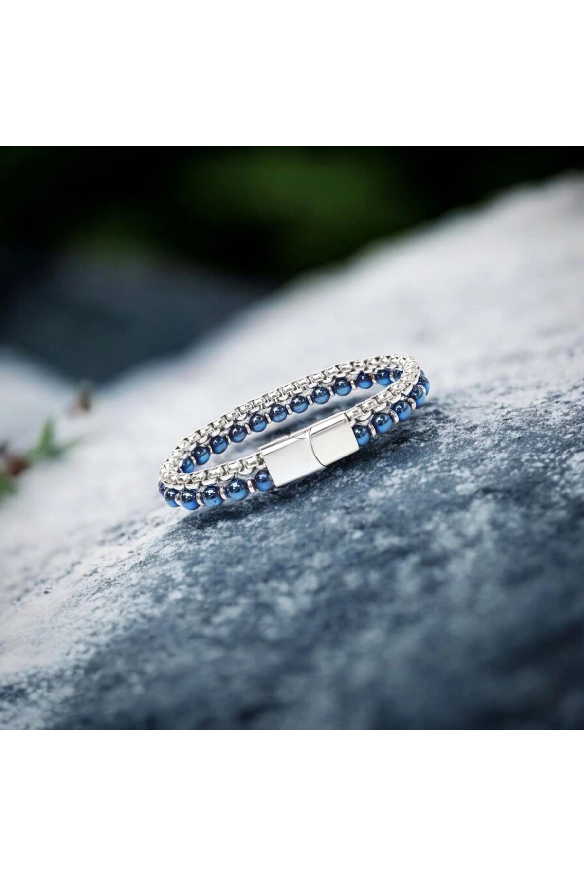 Çelik Zincirli Mavi Ve Gümüş Hematit Bileklik-4