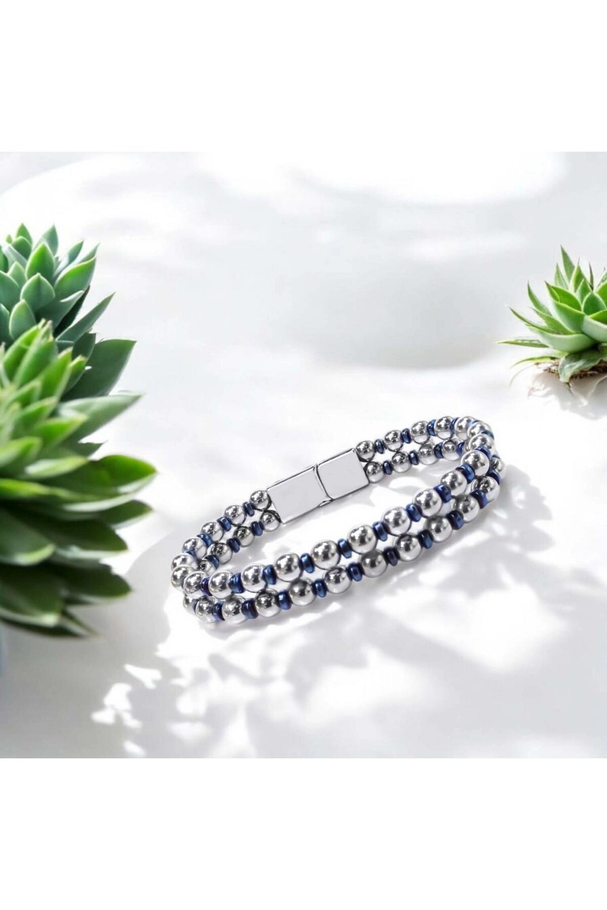 Çift Gümüş Ve Mavi Renk Hematit Çelik Bileklik-1