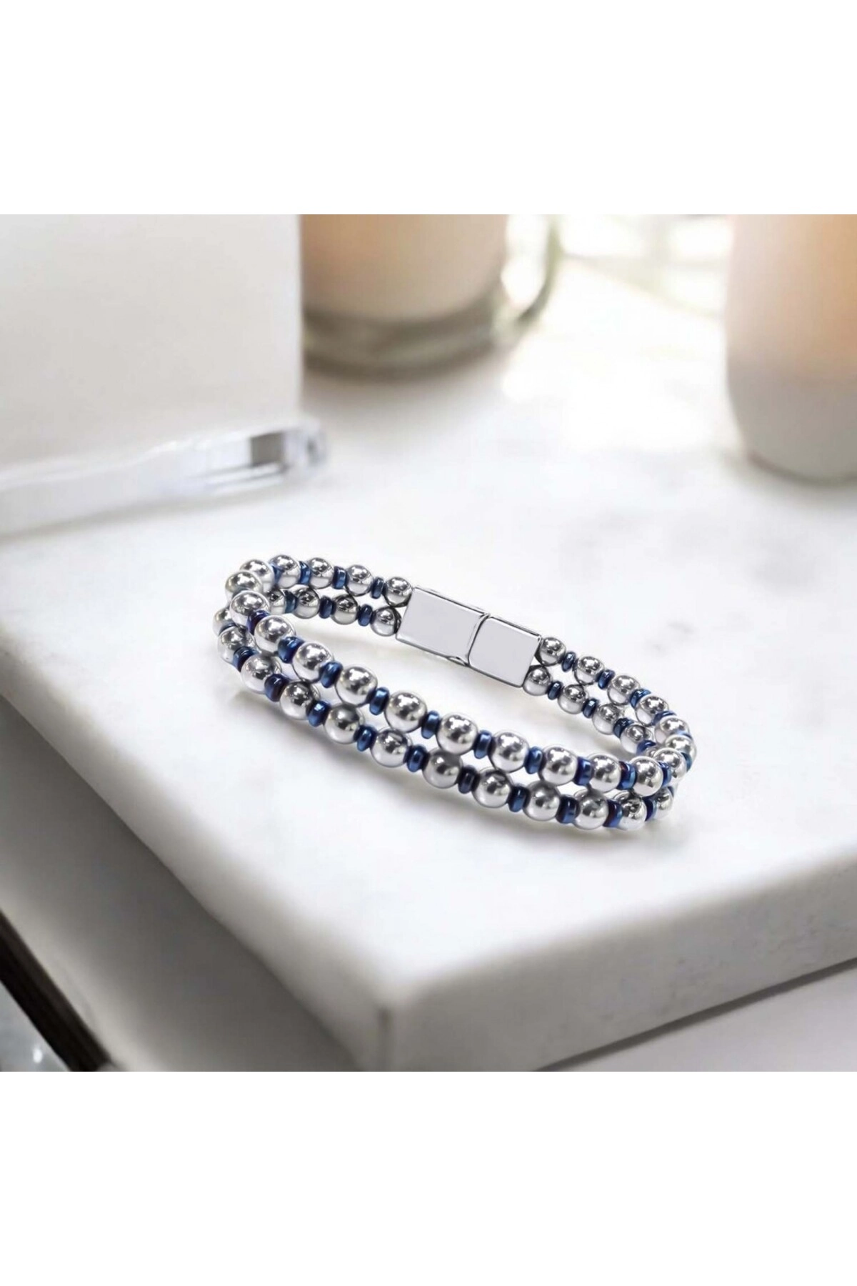 Çift Gümüş Ve Mavi Renk Hematit Çelik Bileklik-2