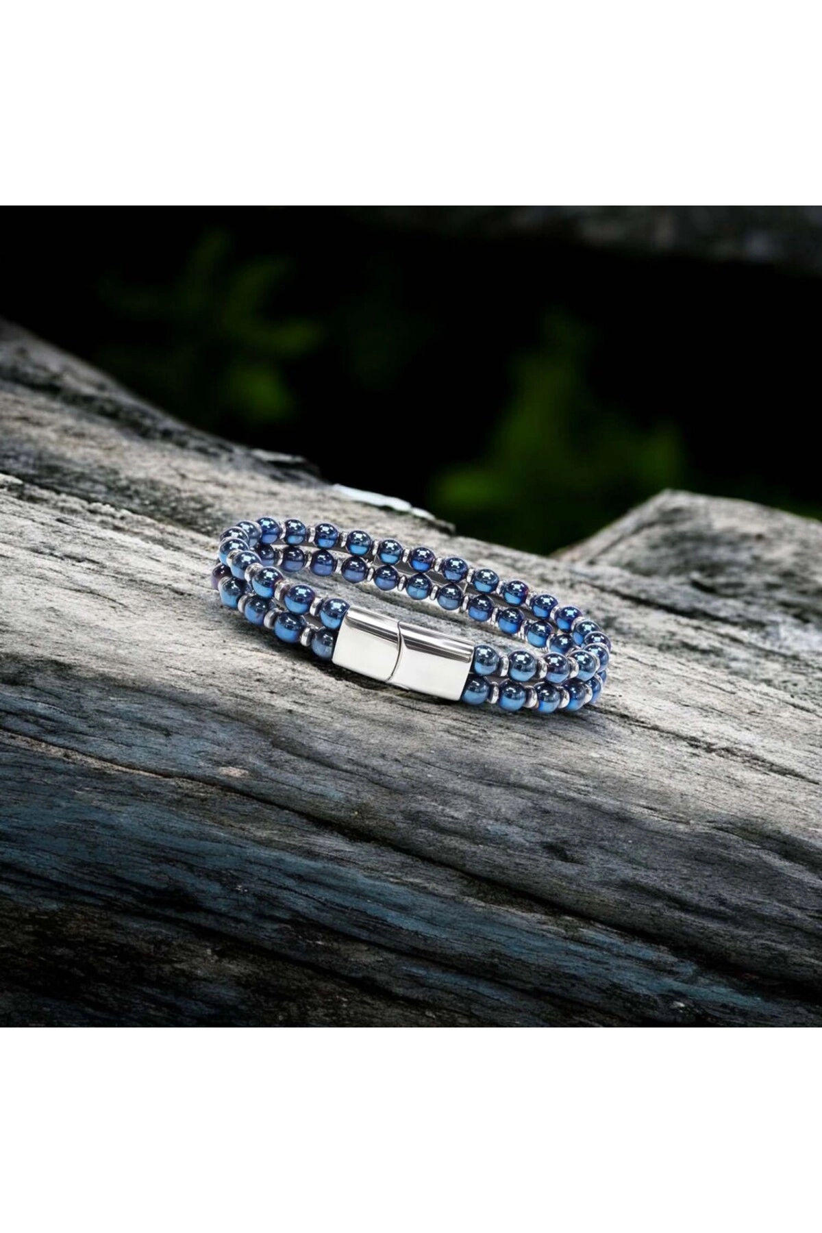 Çift Mavi Ve Gümüş Renk Hematit Çelik Bileklik-2
