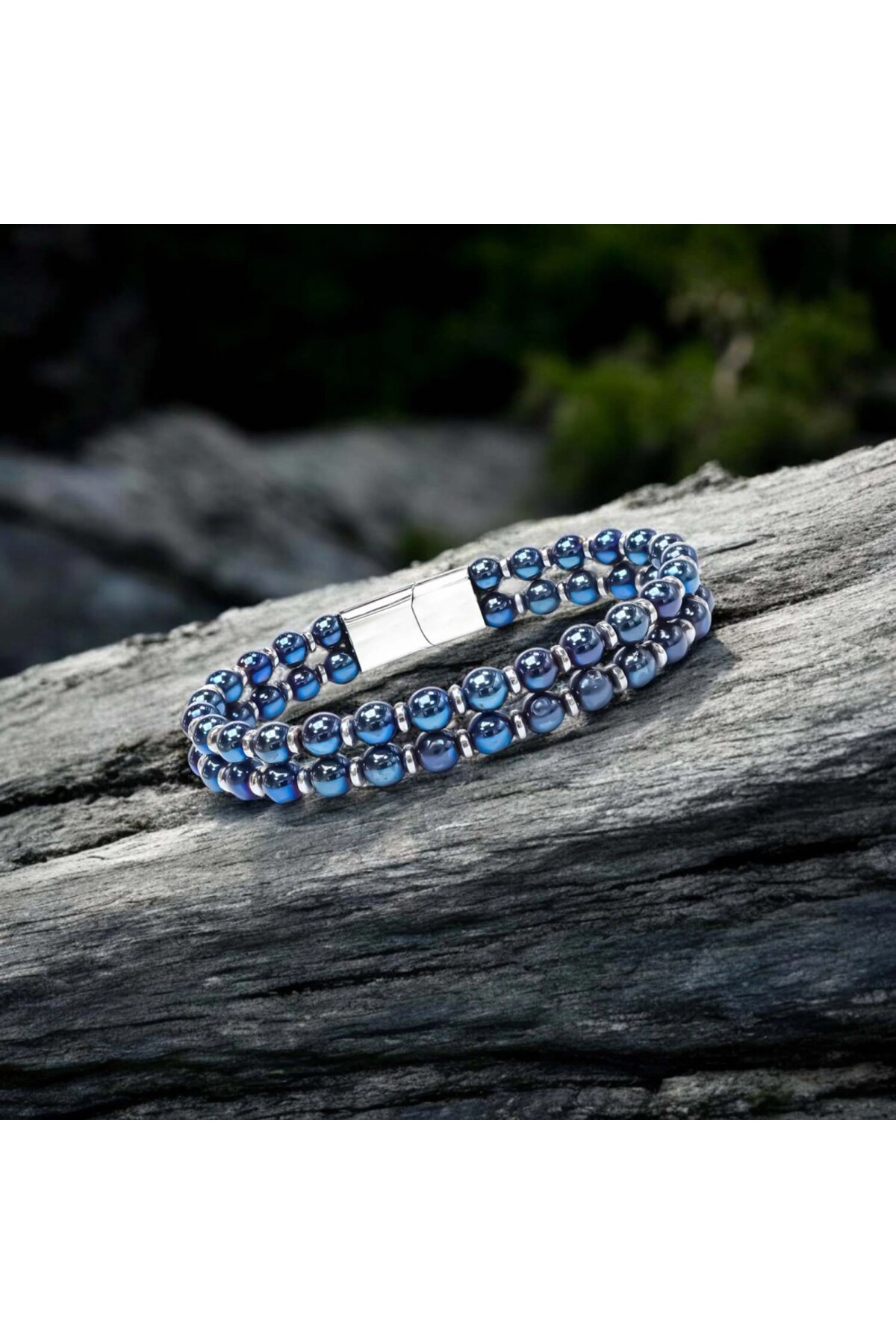 Çift Mavi Ve Gümüş Renk Hematit Çelik Bileklik-3