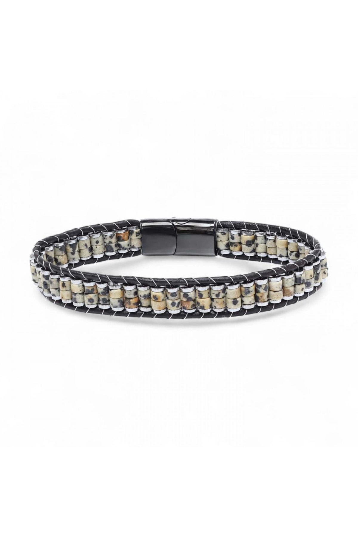 Dalmaçya Jasper Hematit Çelik Örgülü Deri Bileklik-0