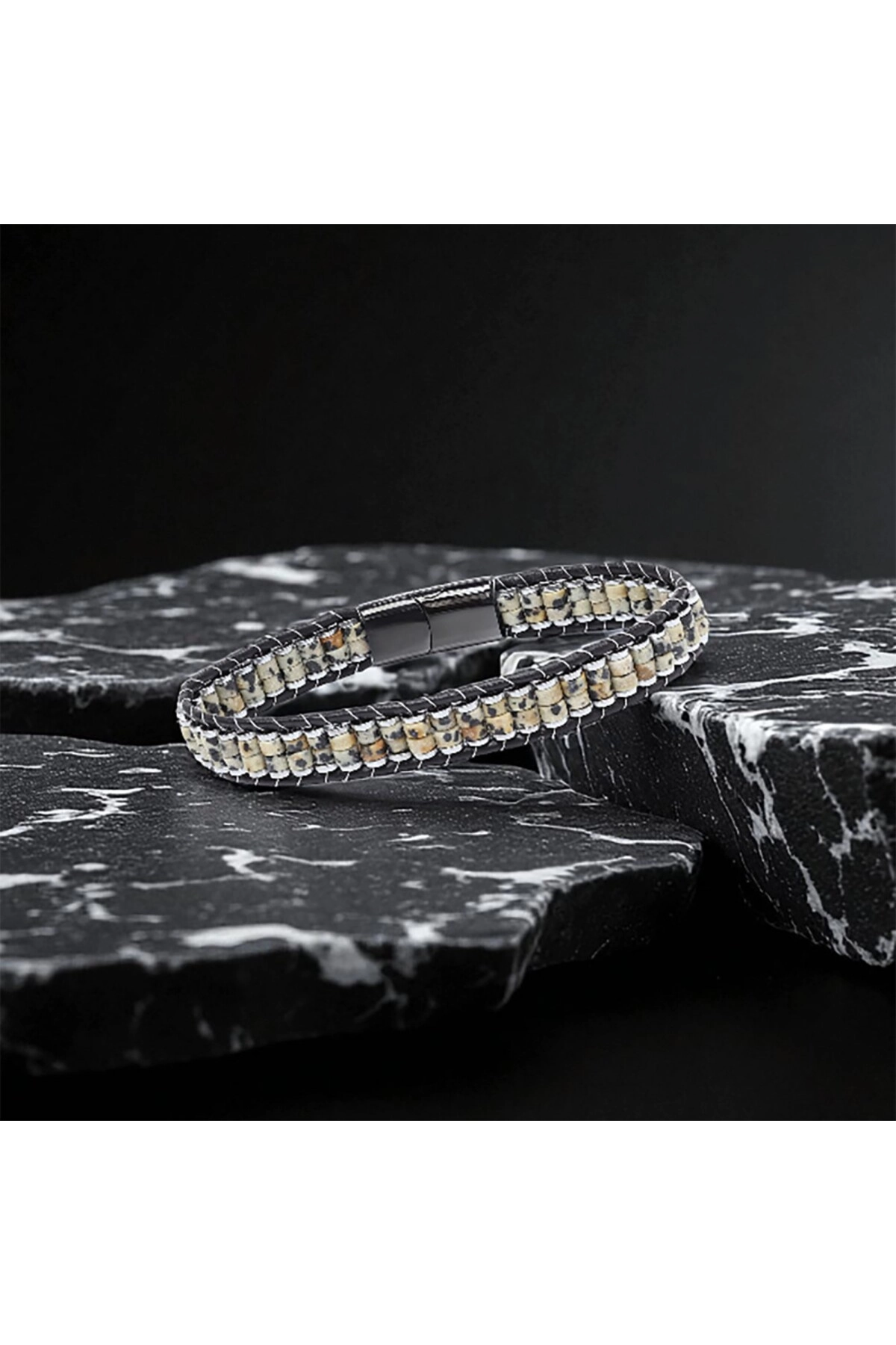Dalmaçya Jasper Hematit Çelik Örgülü Deri Bileklik-2