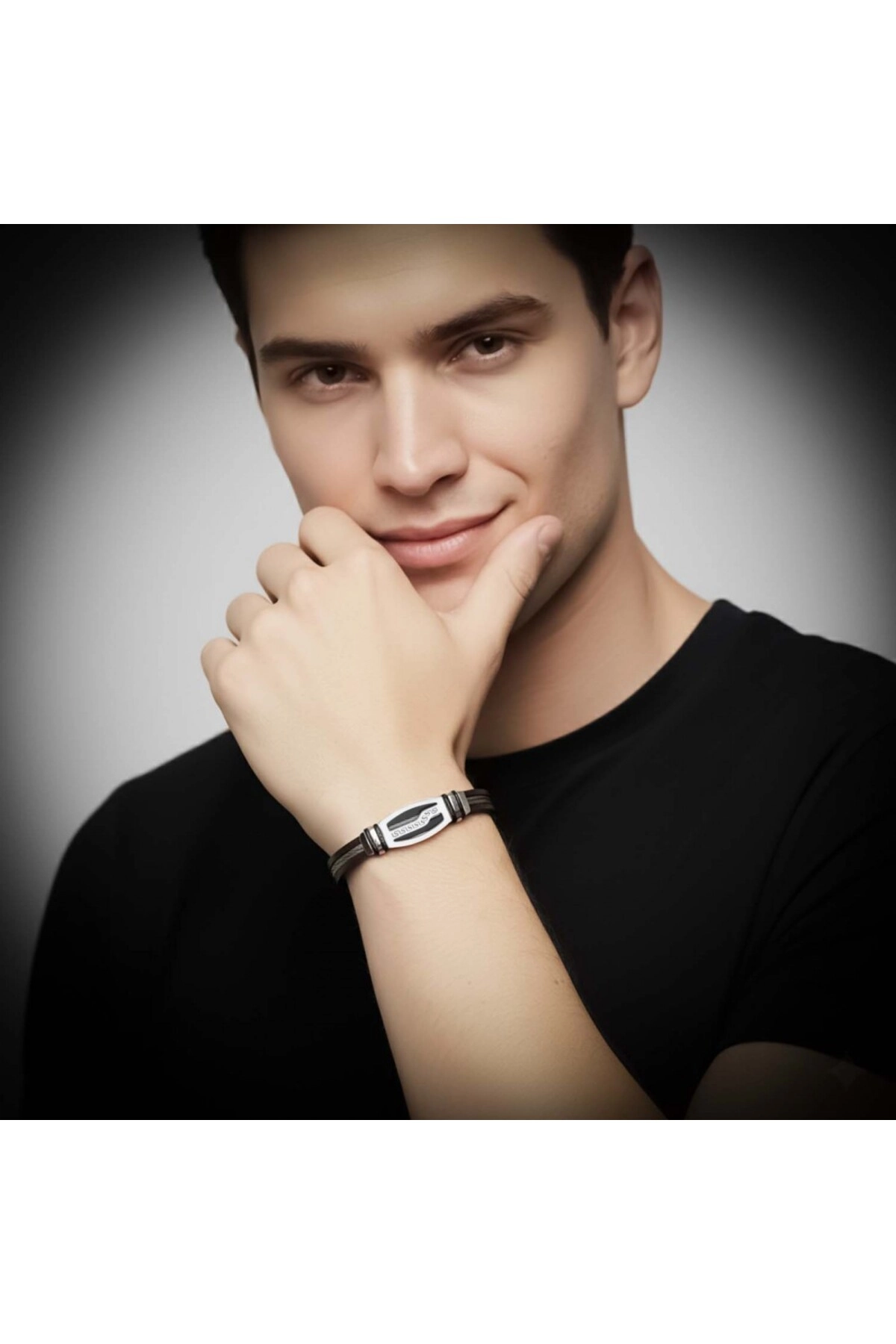 Deri Kordonlu Çelik Halat Erkek Bileklik-1