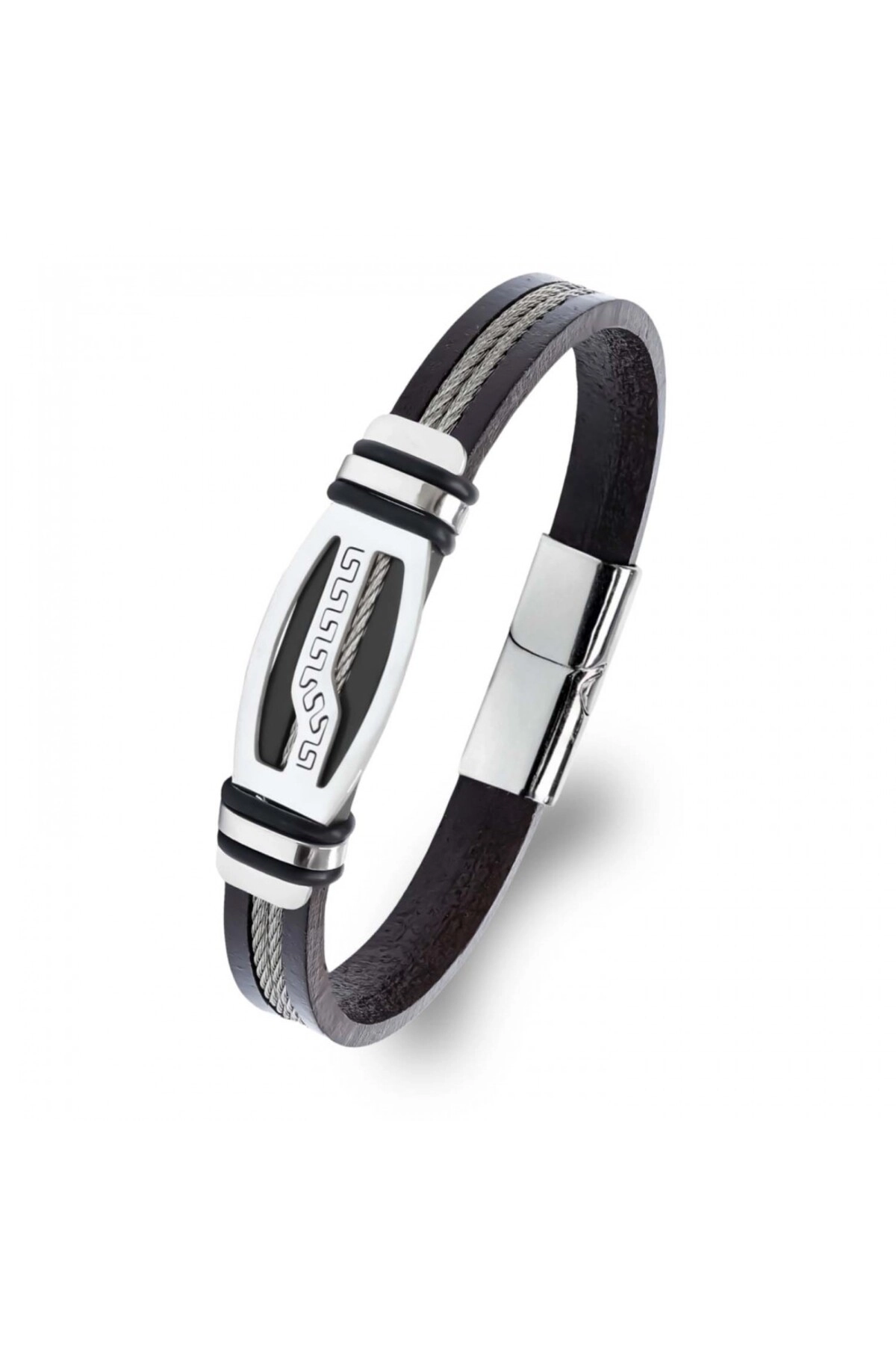 Deri Kordonlu Çelik Halat Erkek Bileklik-0
