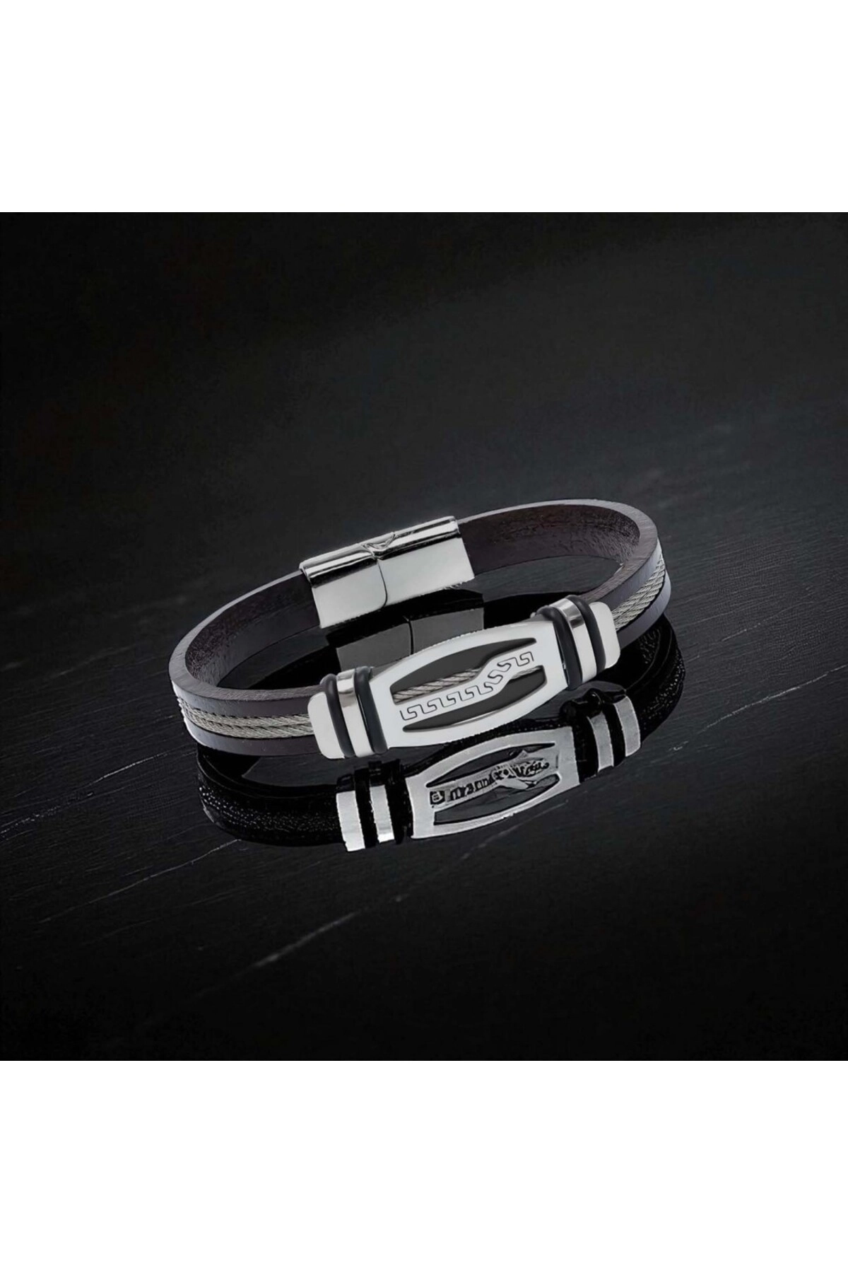 Deri Kordonlu Çelik Halat Erkek Bileklik-2