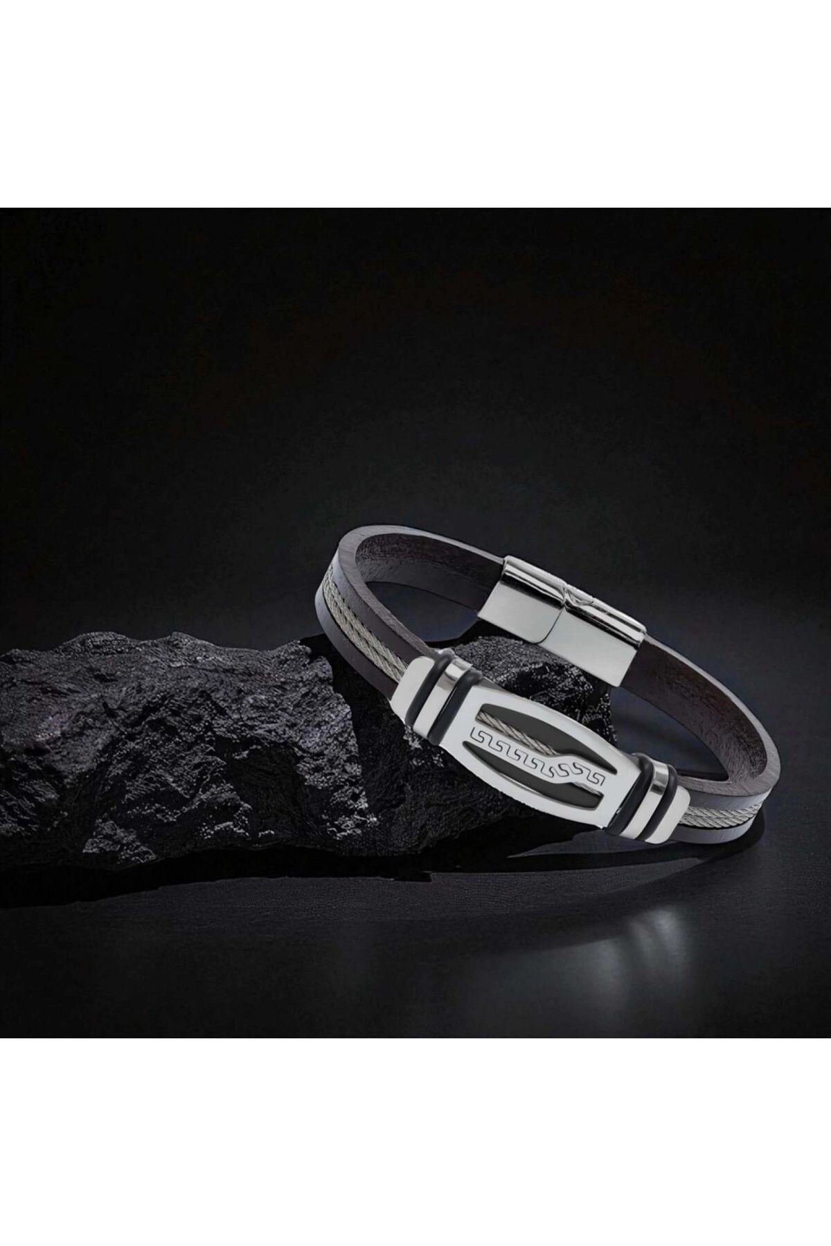 Deri Kordonlu Çelik Halat Erkek Bileklik-3