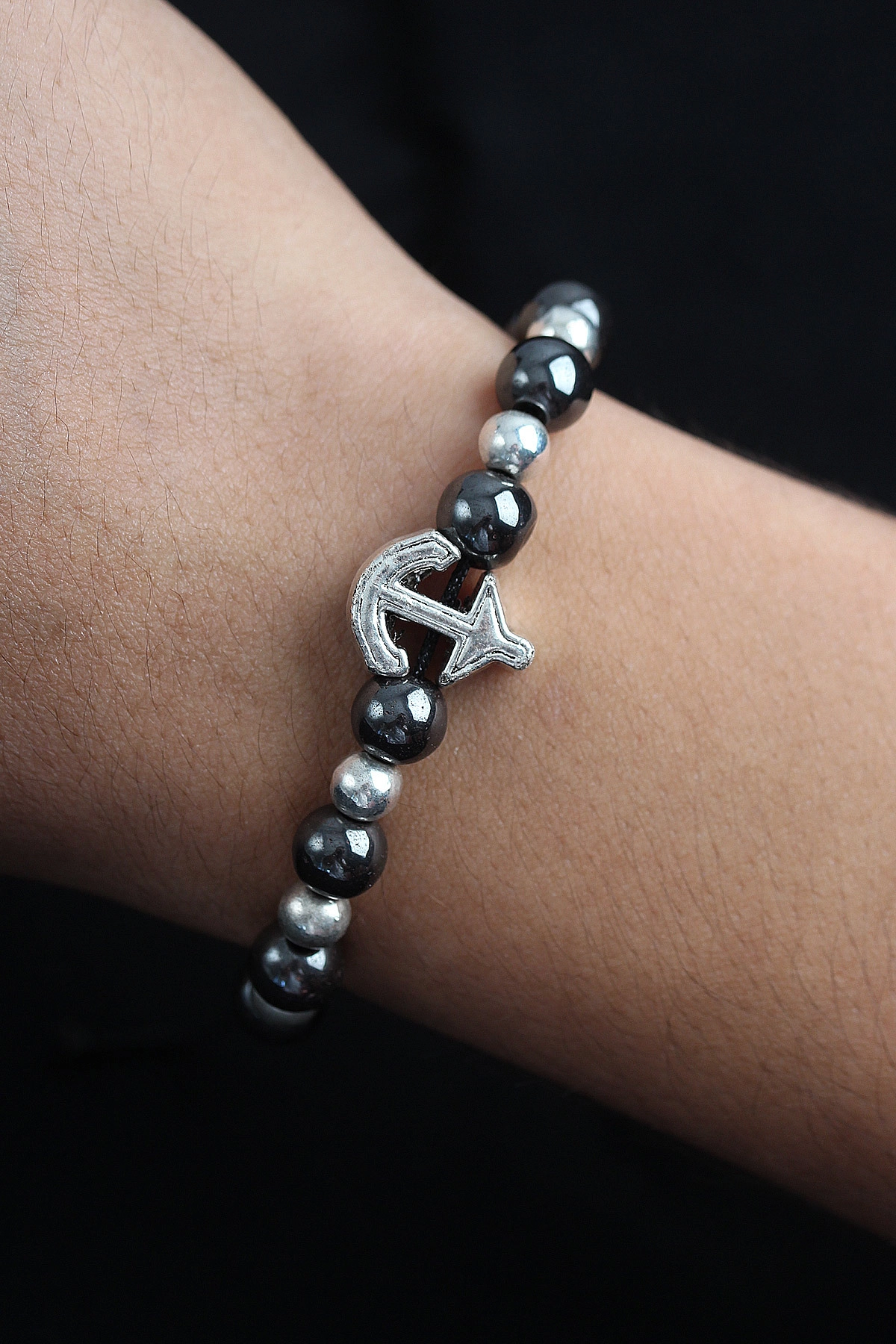 Doğal Taş Çapa Model Gümüş Ve Füme Renk Asansörlü Erkek Bileklik-0