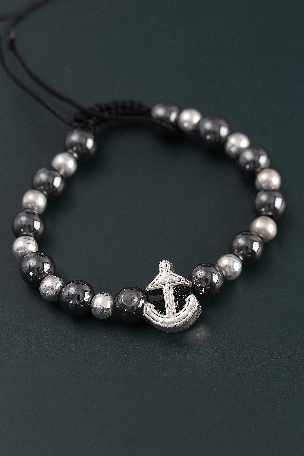 Doğal Taş Çapa Model Gümüş Ve Füme Renk Asansörlü Erkek Bileklik-1